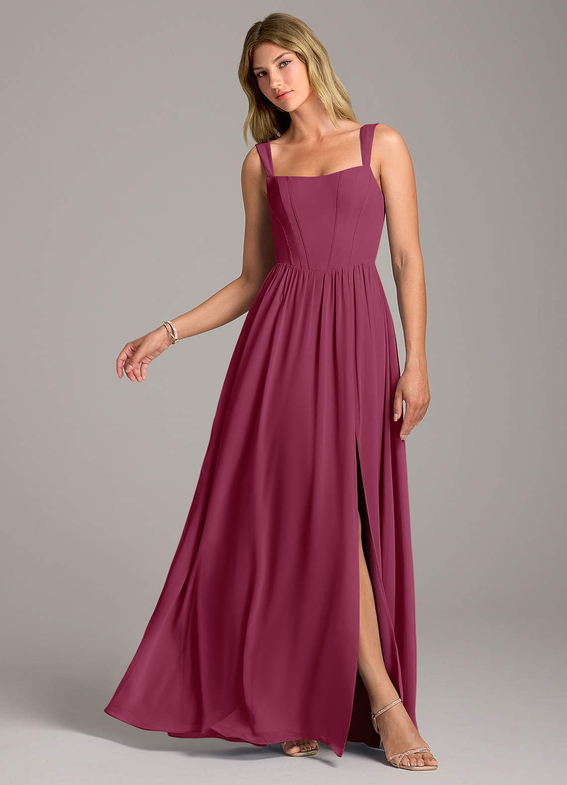 Azazie Rosaline Bridesmaid Dresses Mulberry A-Line Side Slit Chiffon Dress image1