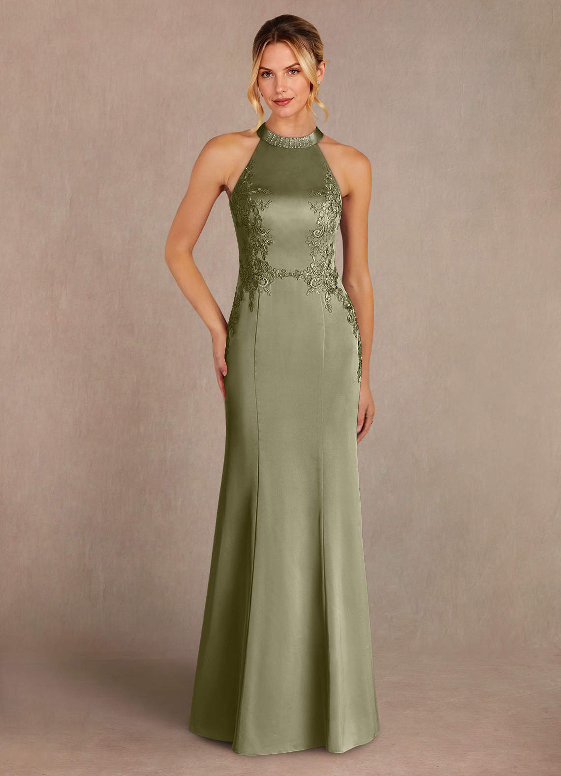 Azazie Tyra vestidos de madre de la novia Vestido de Pistacho de Satén Elástico de Sirena con Encaje image1