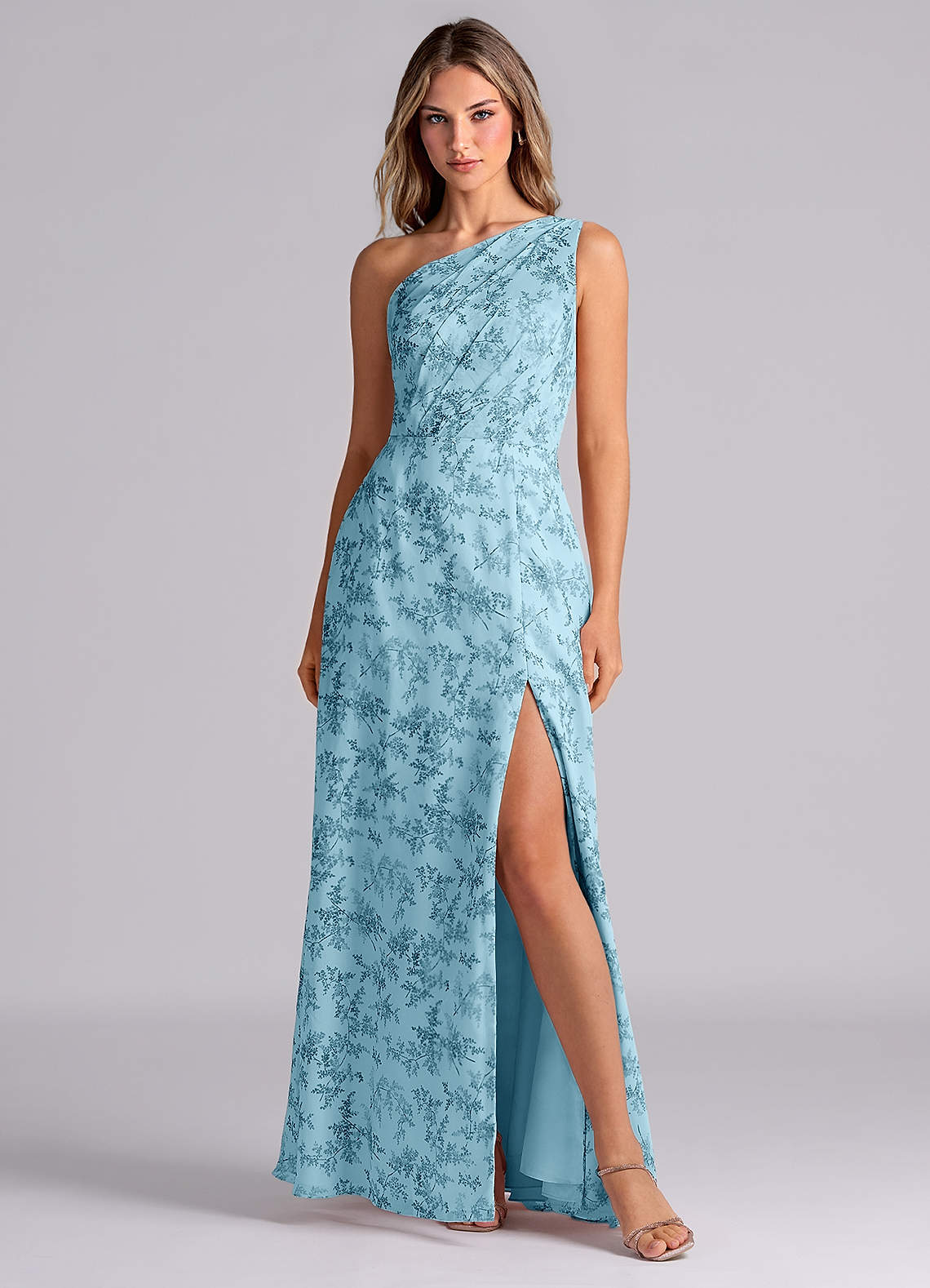Azazie Phaedra Bridesmaid Dresses Blue Fern Floral A-Line One Shoulder Chiffon Dress image1