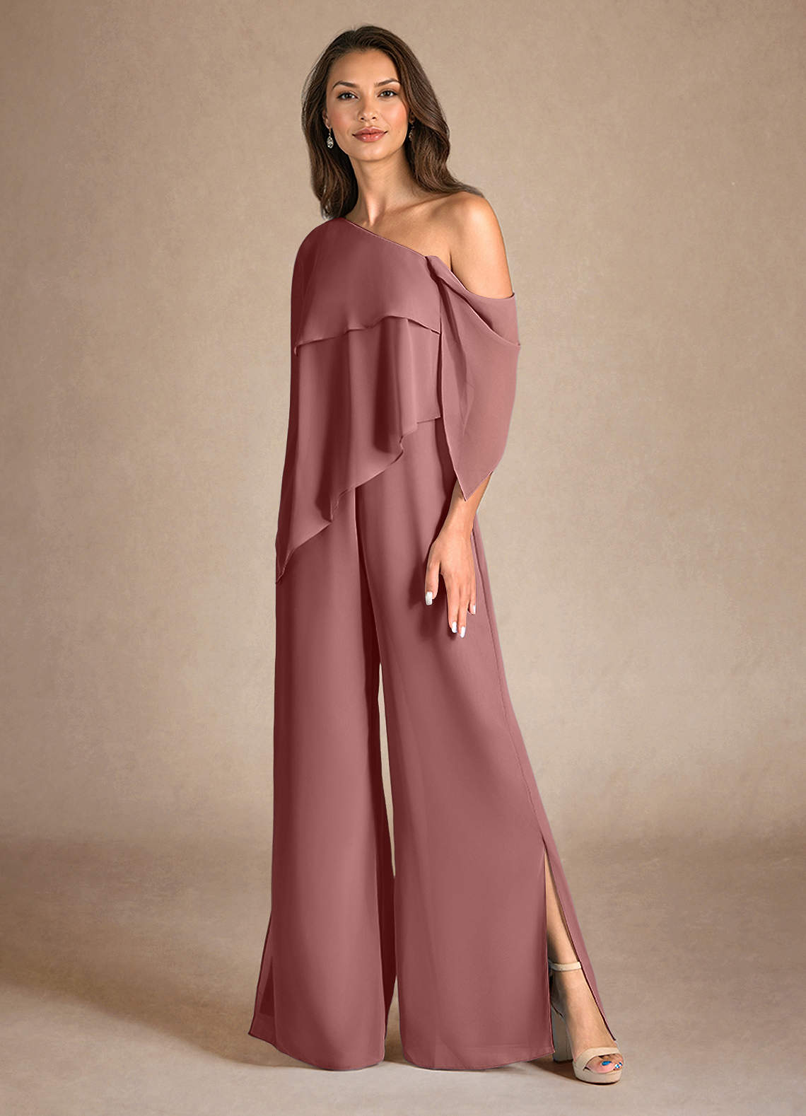 Azazie Halima vestidos de madre de la novia Vestido de Rosa Del Desierto de Gasa de Mono/Traje de pantalón con Corte Lateral image5