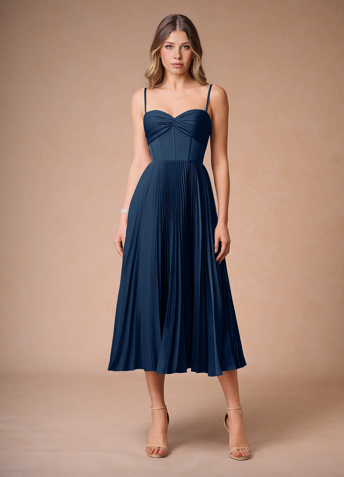 Léna Navy Pleated Midi Dress | Azazie