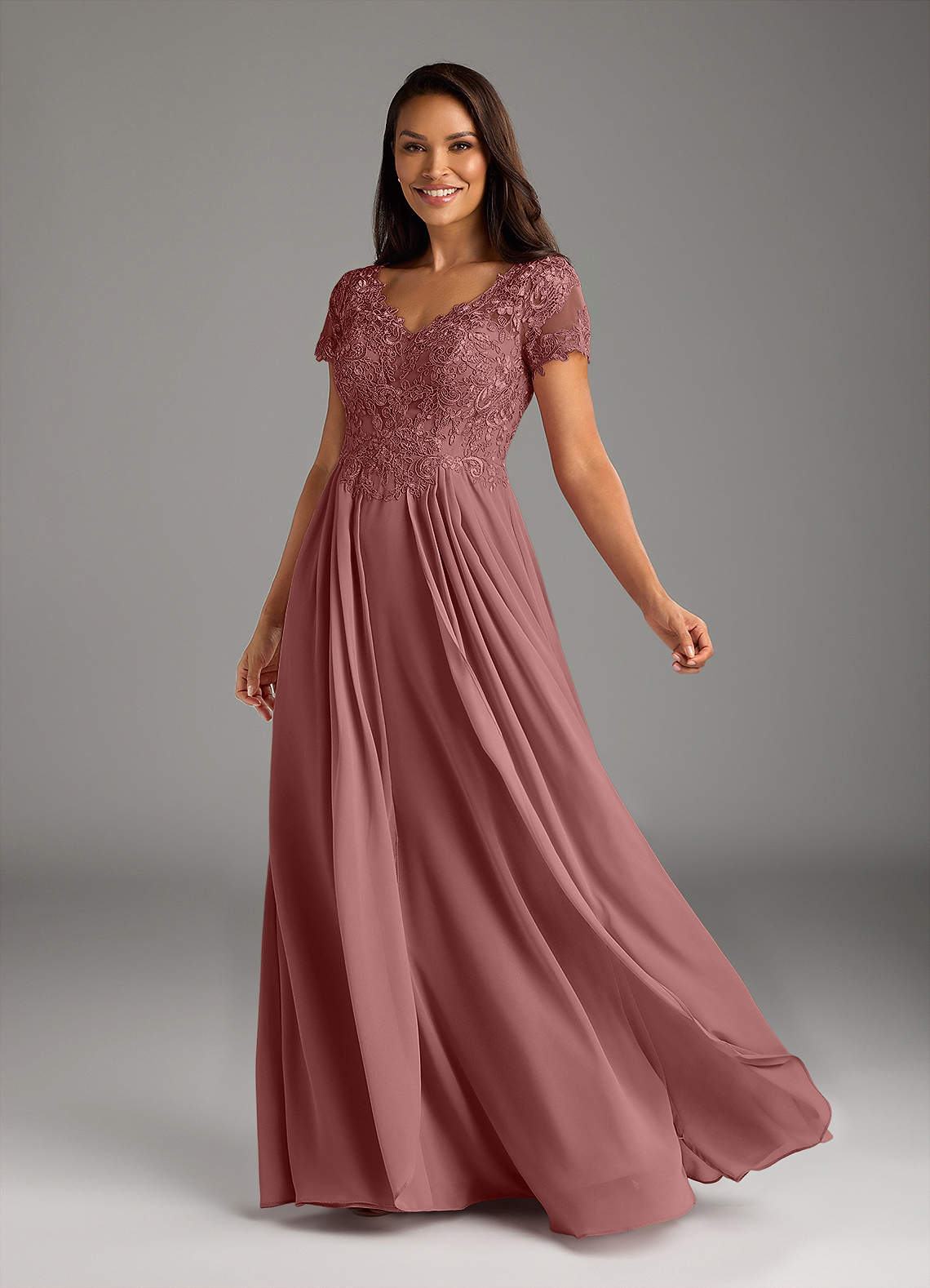 Azazie Dunja Desert Rose A-Line V-Neck Lace Chiffon Dress Ready to
