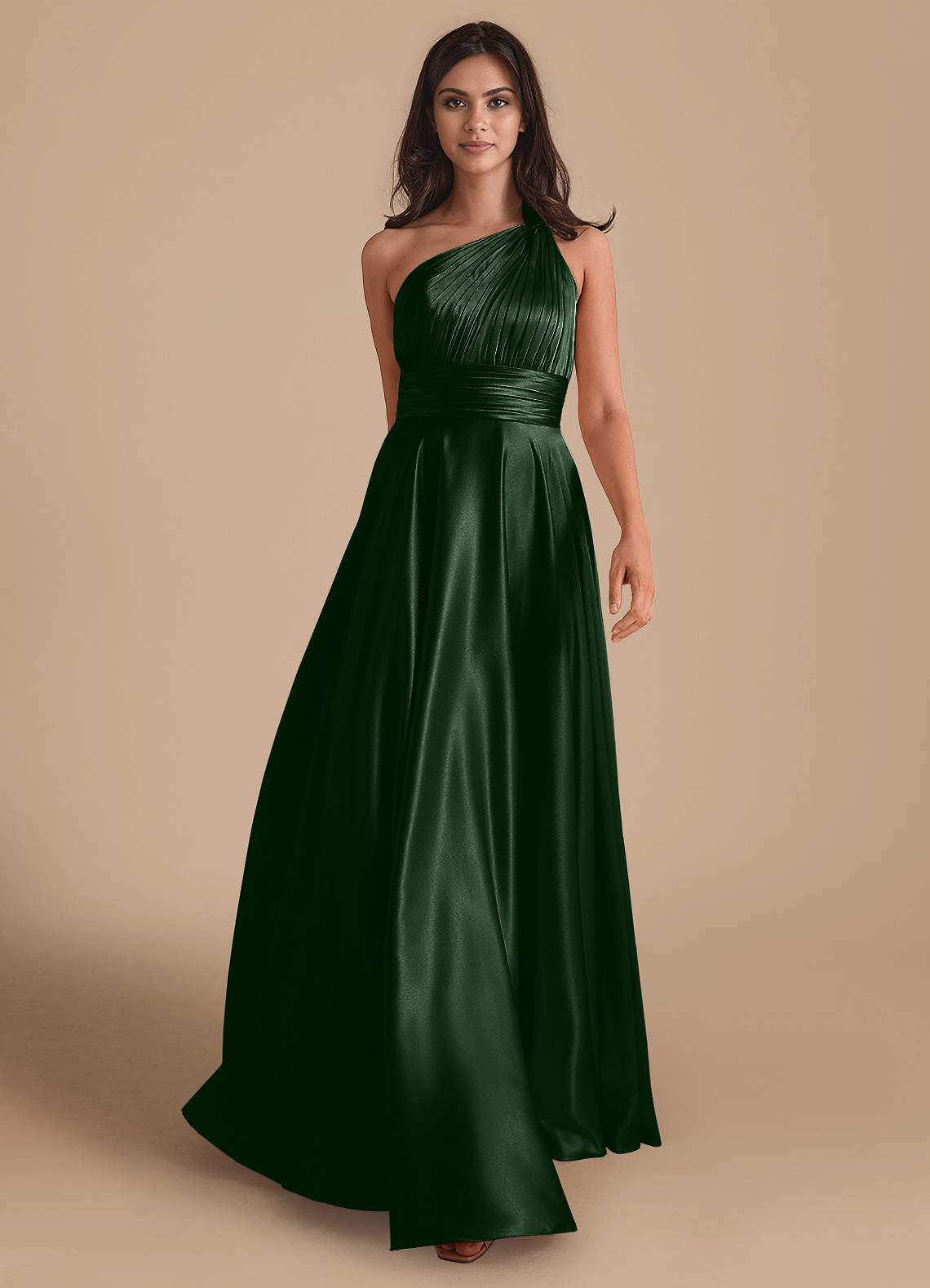 Azazie Charlize Bridesmaid Dresses Eucalyptus A-Line One Shoulder Metallic Satin Dress image1