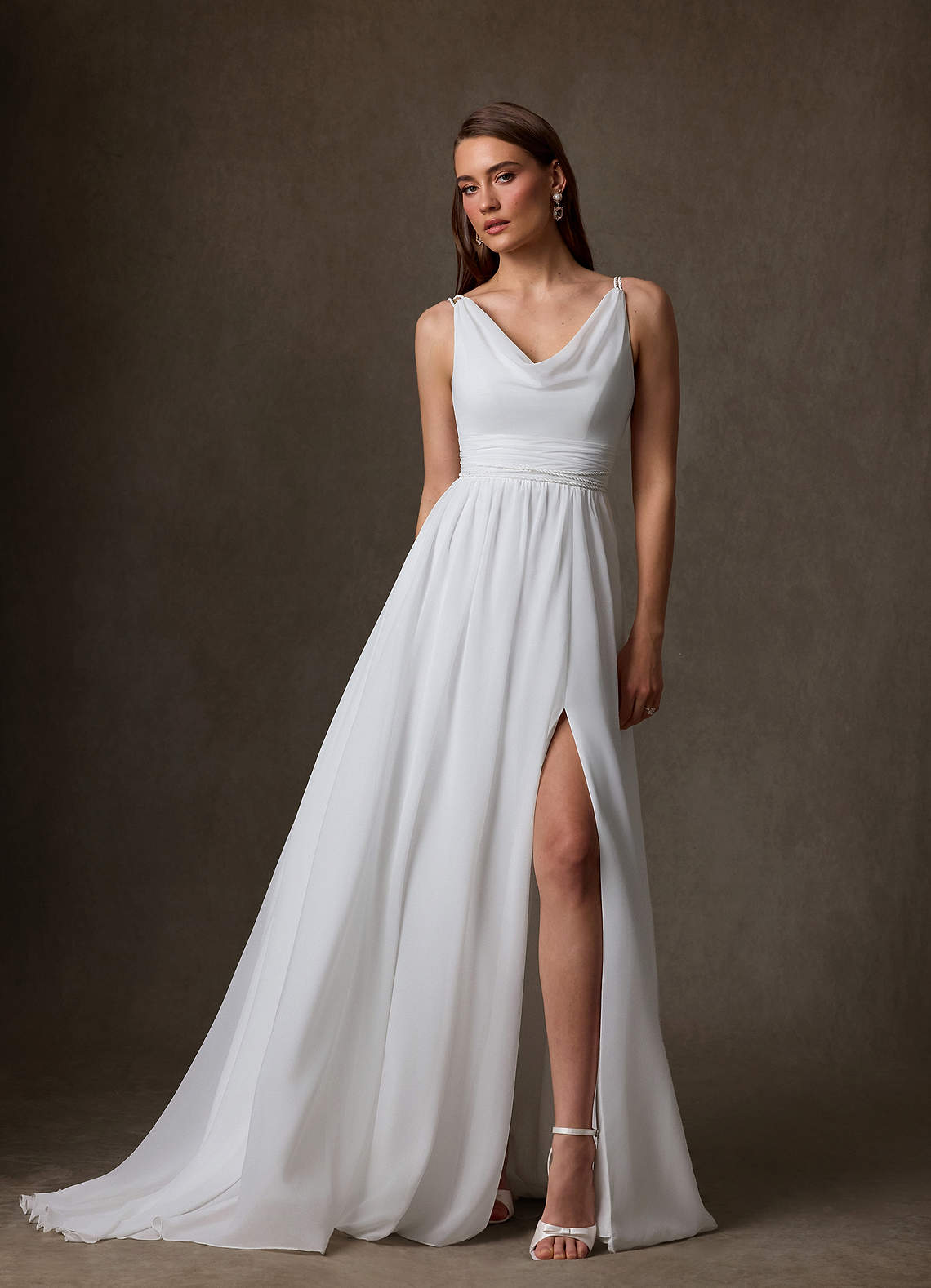 Azazie Neema Diamond White A-Line Side Slit Chiffon Dress Ready to