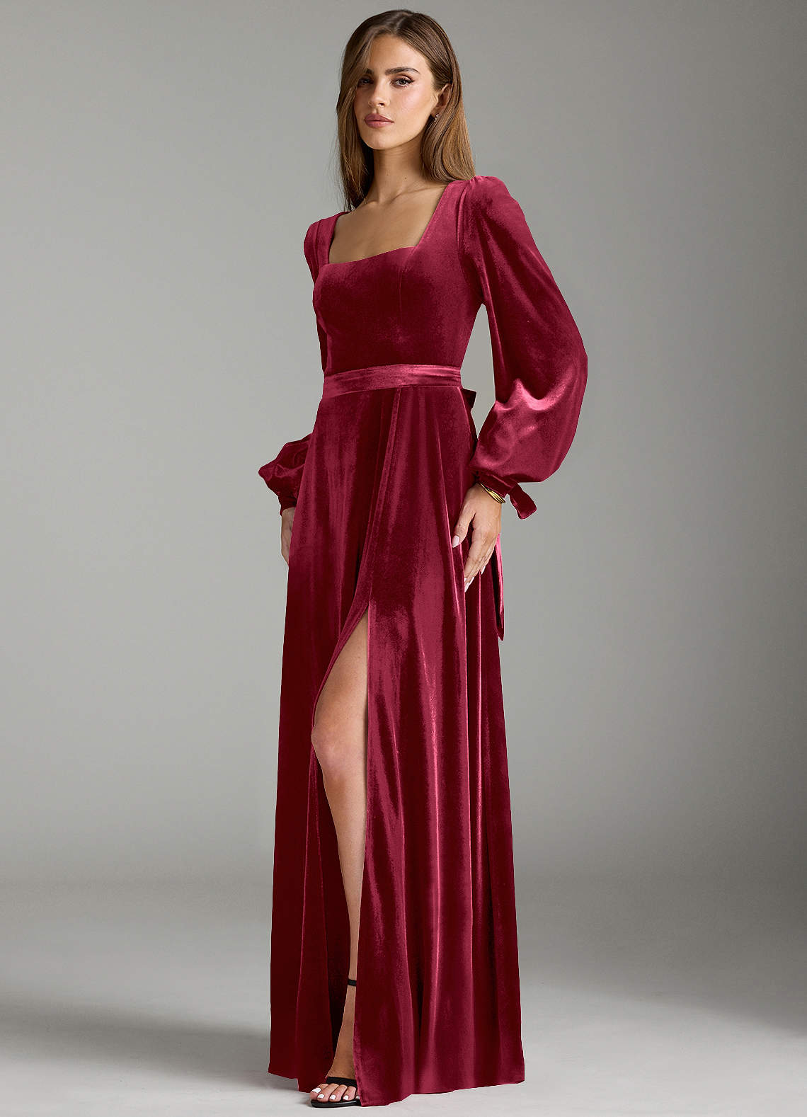 Azazie Leonia Bridesmaid Dresses Burgundy A-Line Long Sleeve Velvet Dress image4