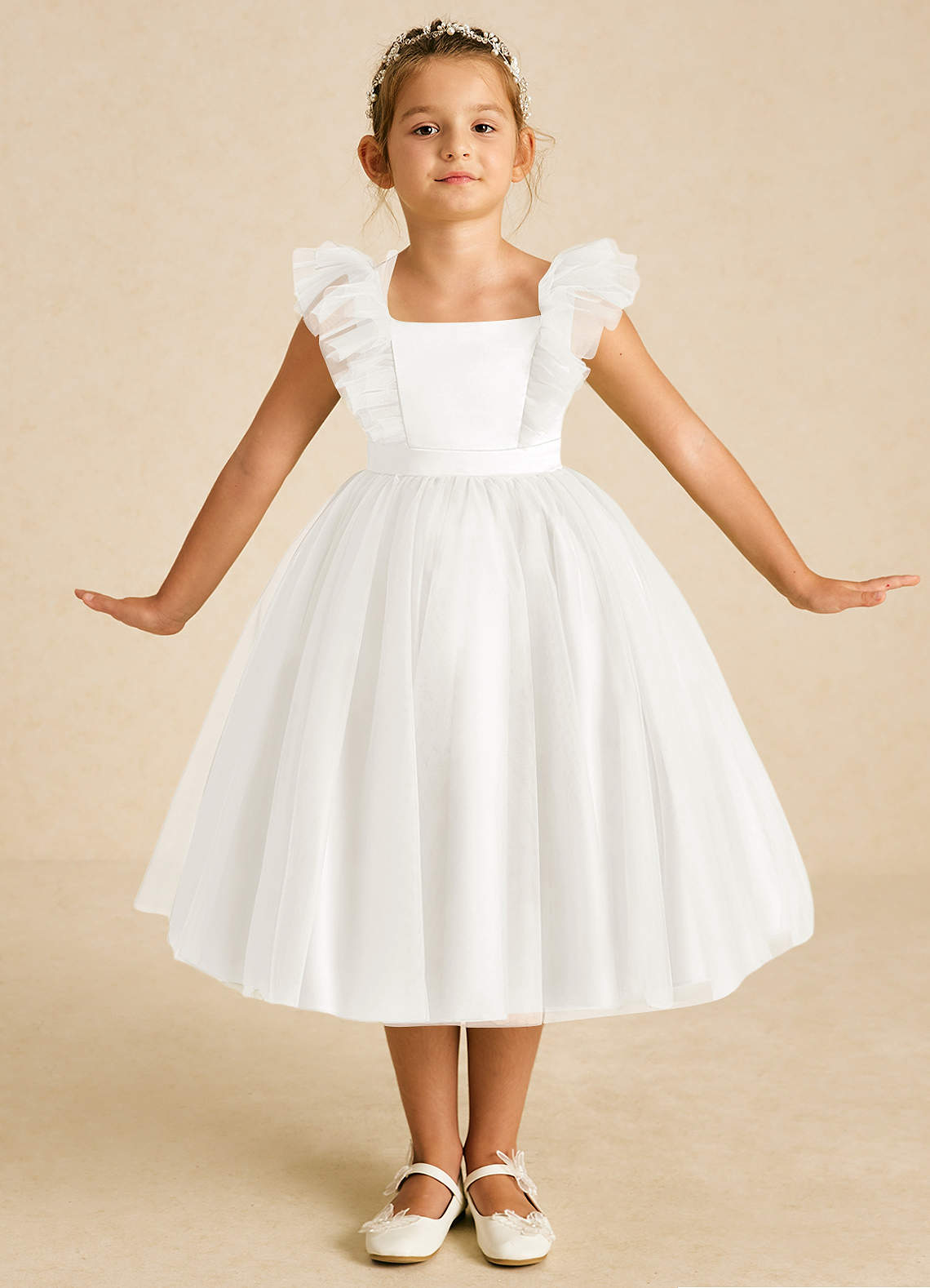 Azazie Cherub vestidos de niña de las flores Vestido de Marfil de Tul de Corte En A con Tirantes image1