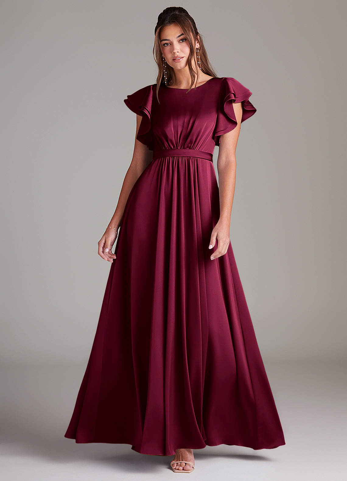 burgundy dress modest Elegant Tie-Neck Maxi  Ruffle Sleeve Dress  Lilia Modest Wear Zipper 9 Modest Wedding Attire - Shop