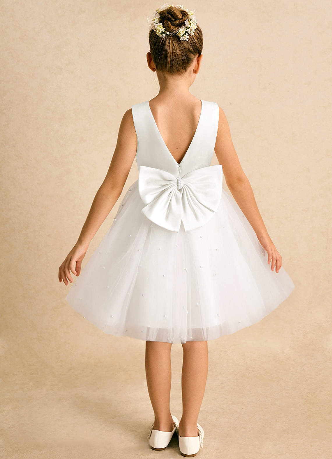 Azazie Esme Flower Girl Dresses Ivory Ball-Gown Bow Tulle Dress image1