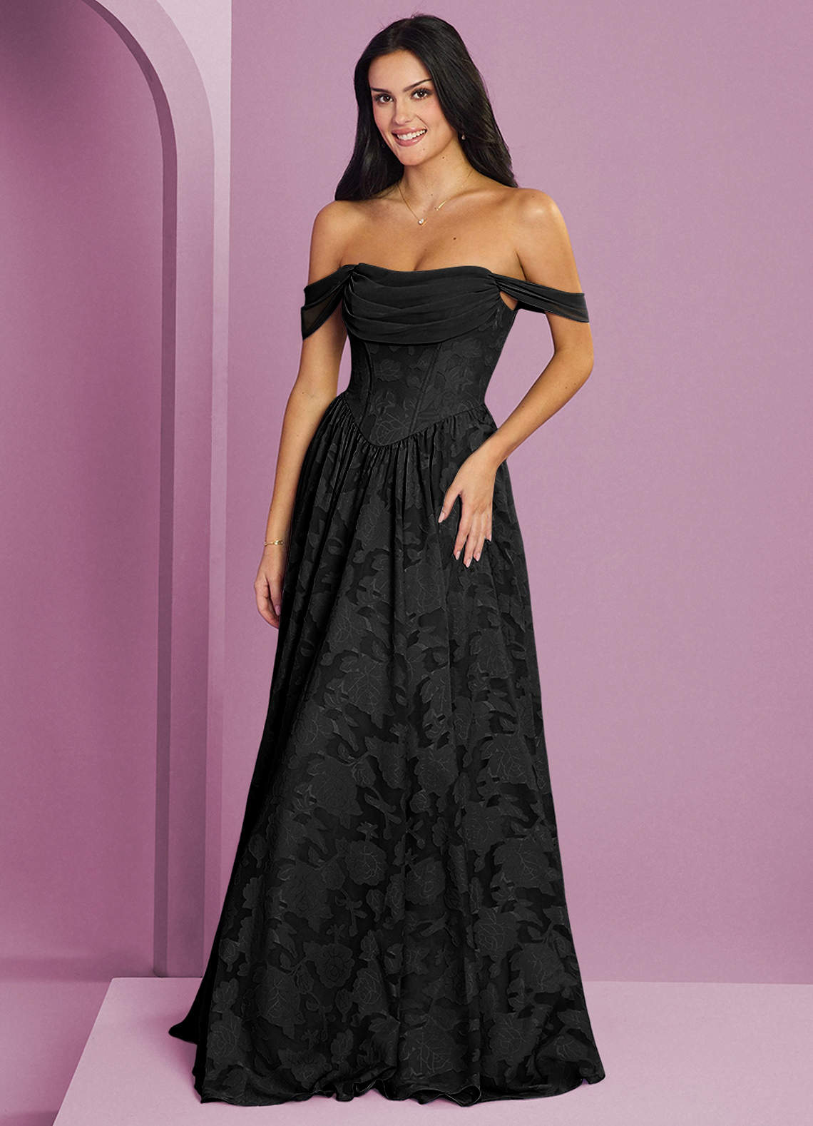 Barbie ♥ Azazie Bridesmaid Dresses Black A-Line Off the Shoulder Floral Burnout Convertible Dress image5