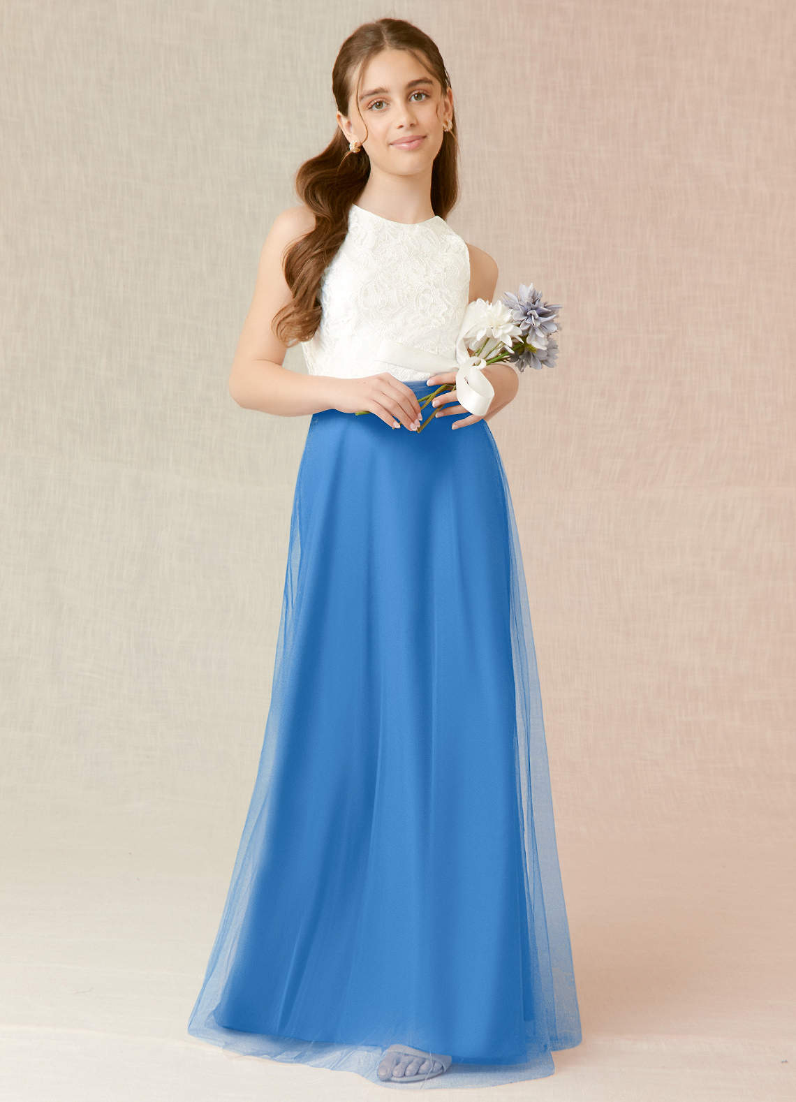 Azazie Albertine Junior A라인 쉬폰 플로어 길이 주니어 신부 들러리 드레스 드레스 image1
