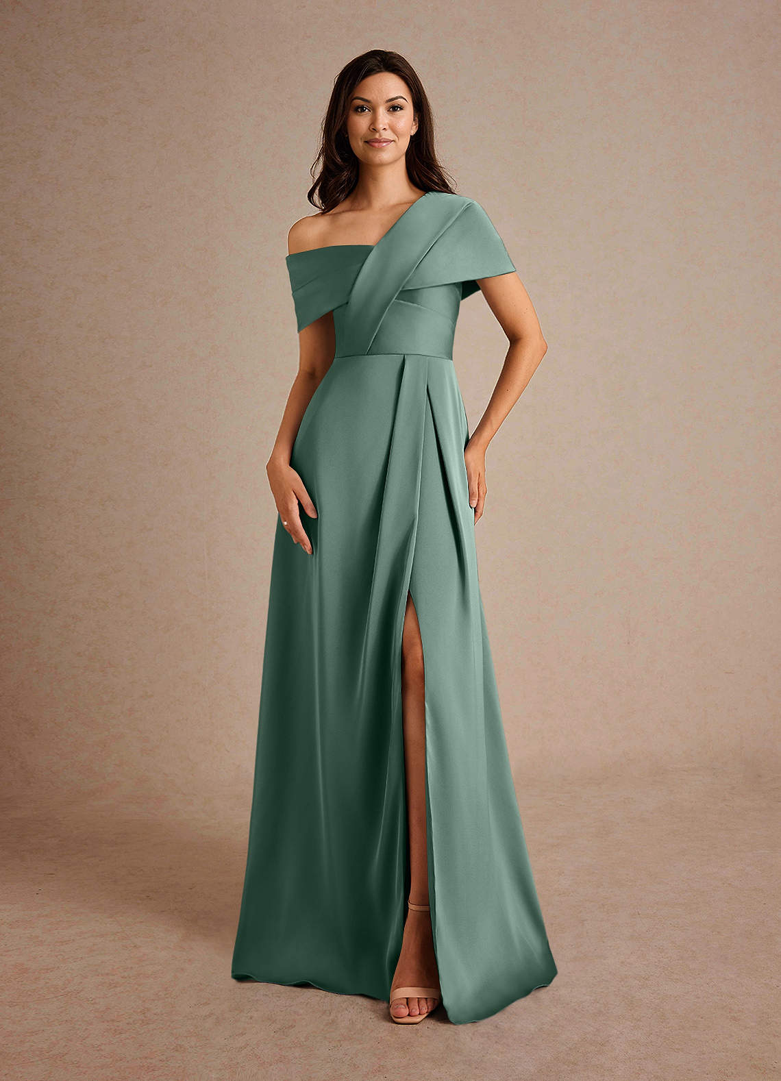 Azazie Milton Vestidos para mãe da noiva Vestir Eucalipto de Cetim elástico de Linha A com Plissado image4