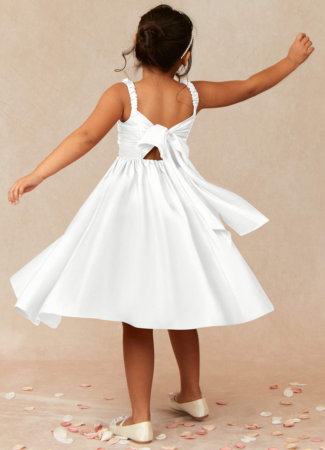 Azazie Cutie Pie Flower Girl Dresses Diamond White A-Line Pleated Matte Satin Dress image1