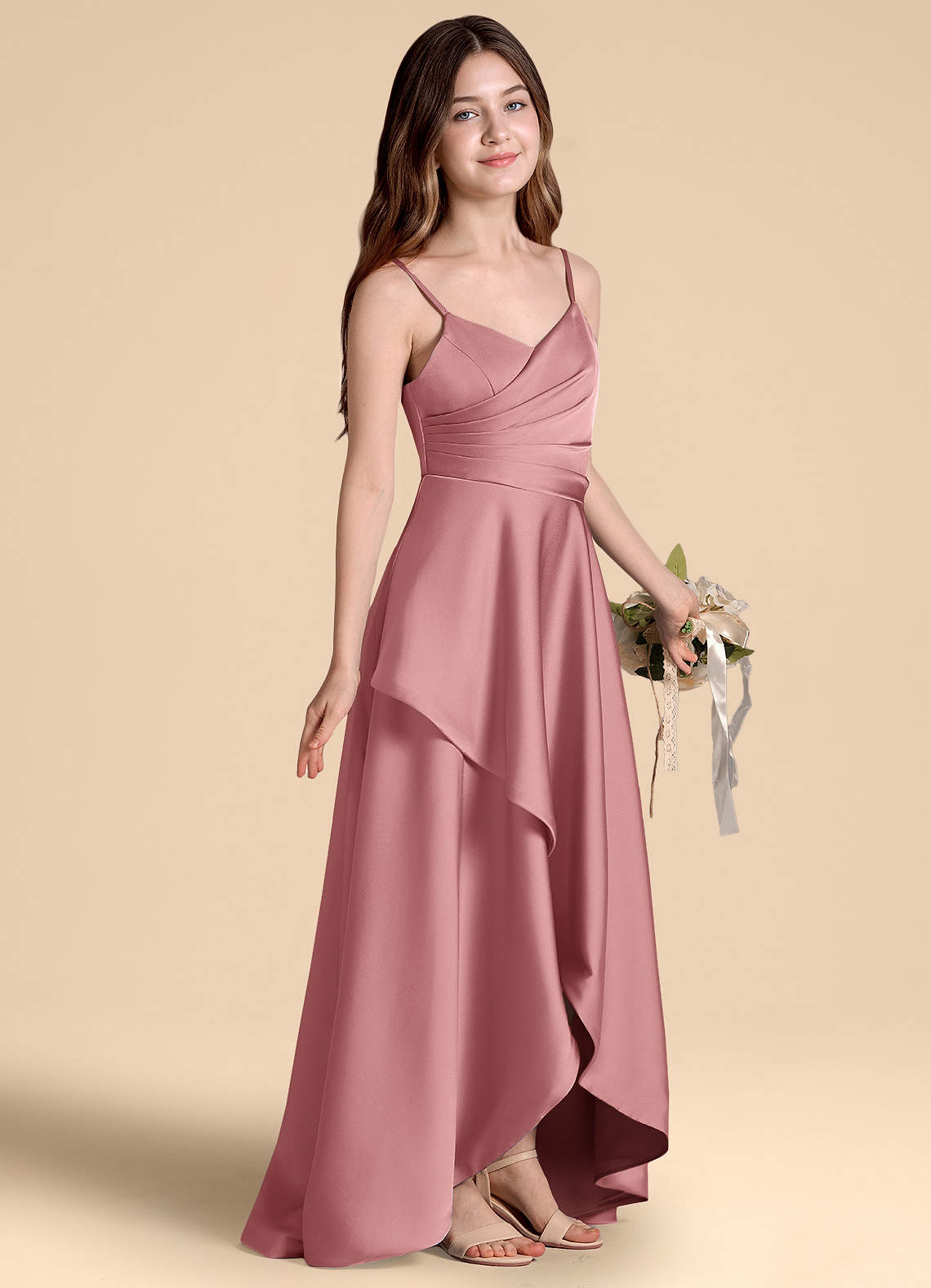 Azazie Prisha Junior Jurk van Stretch Satijn met A-Lijn Geplooid Stoffige Roos image1