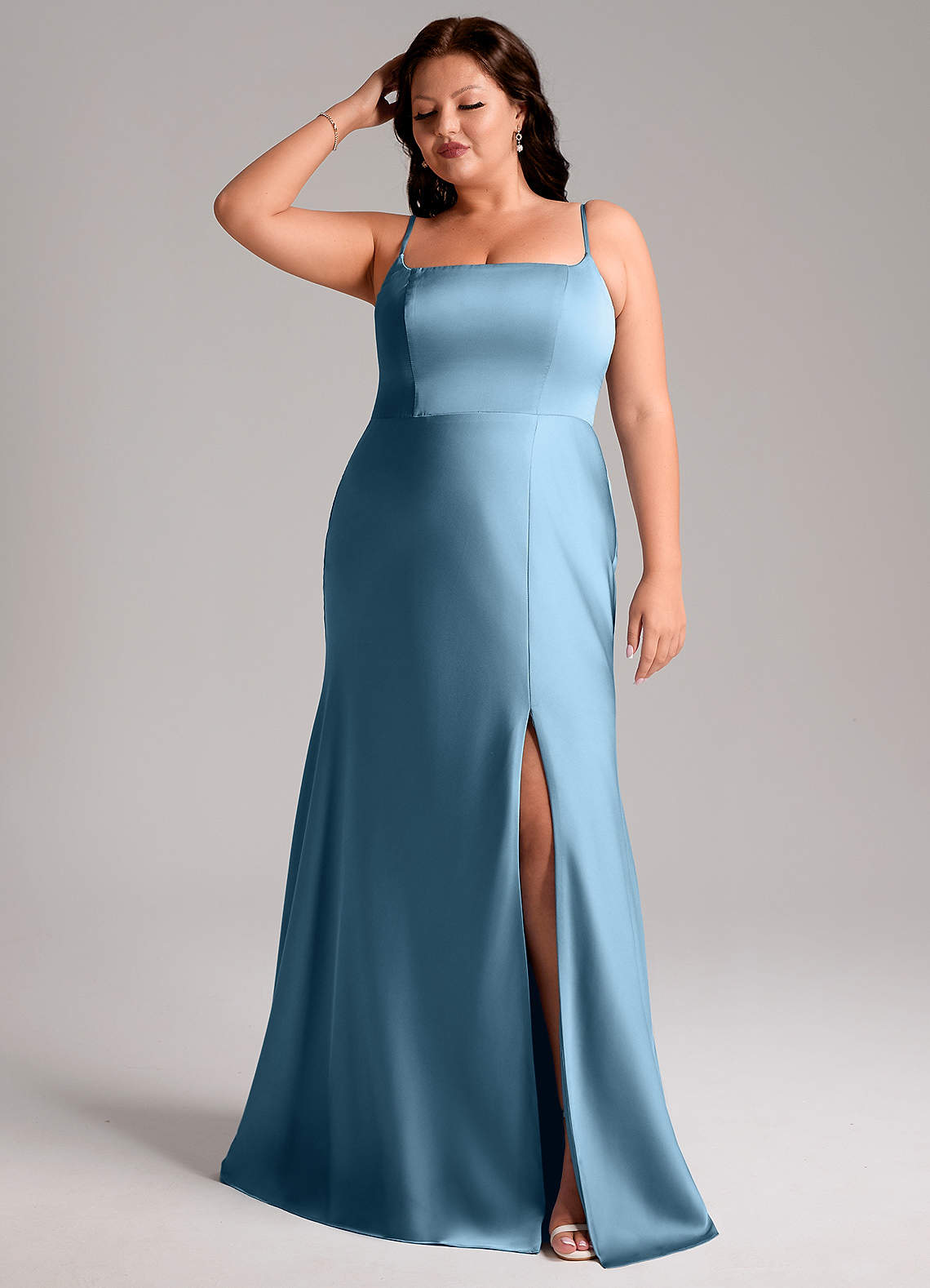 Azazie Lidia Jurken voor bruidsmeisjes Jurk van Stretch Satijn met Zeemeermin Zijsplit Staal Blauw image1