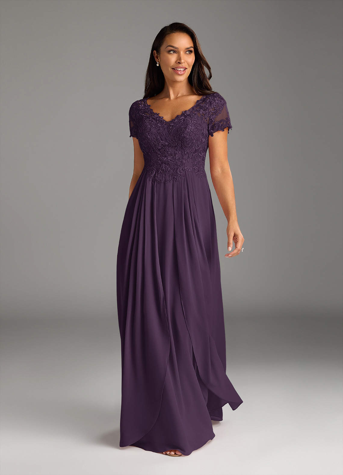Azazie Dunja Mother of the Bride Dresses Plum A-Line V-Neck Lace Chiffon Dress image9