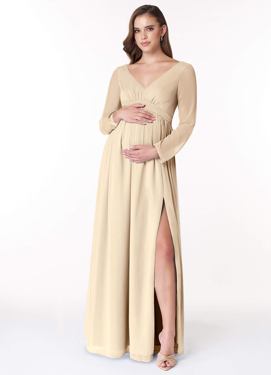 Azazie Teton Vestidos de dama de honra para maternidade Vestir Linha A Manga comprida Comprimento do chão Chiffon image1