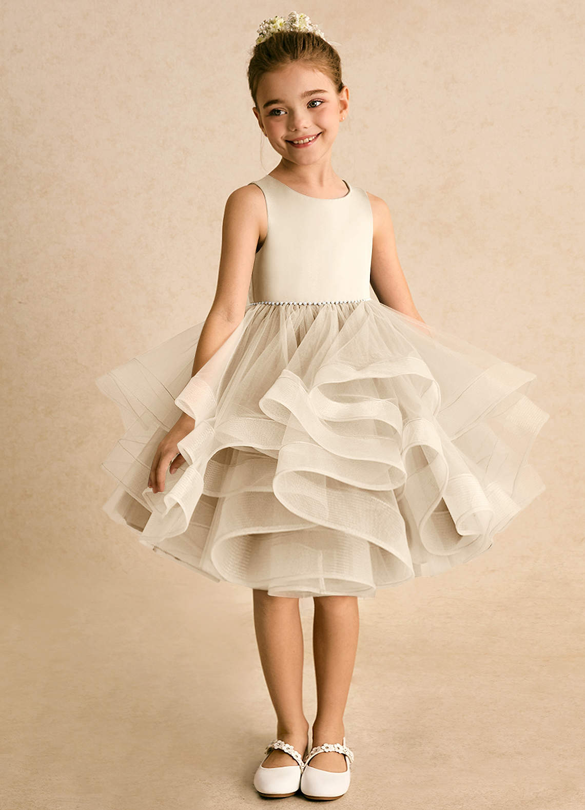 Azazie Tinie Flower Girl Dresses Champagne Ball-Gown Bow Tulle Dress image2