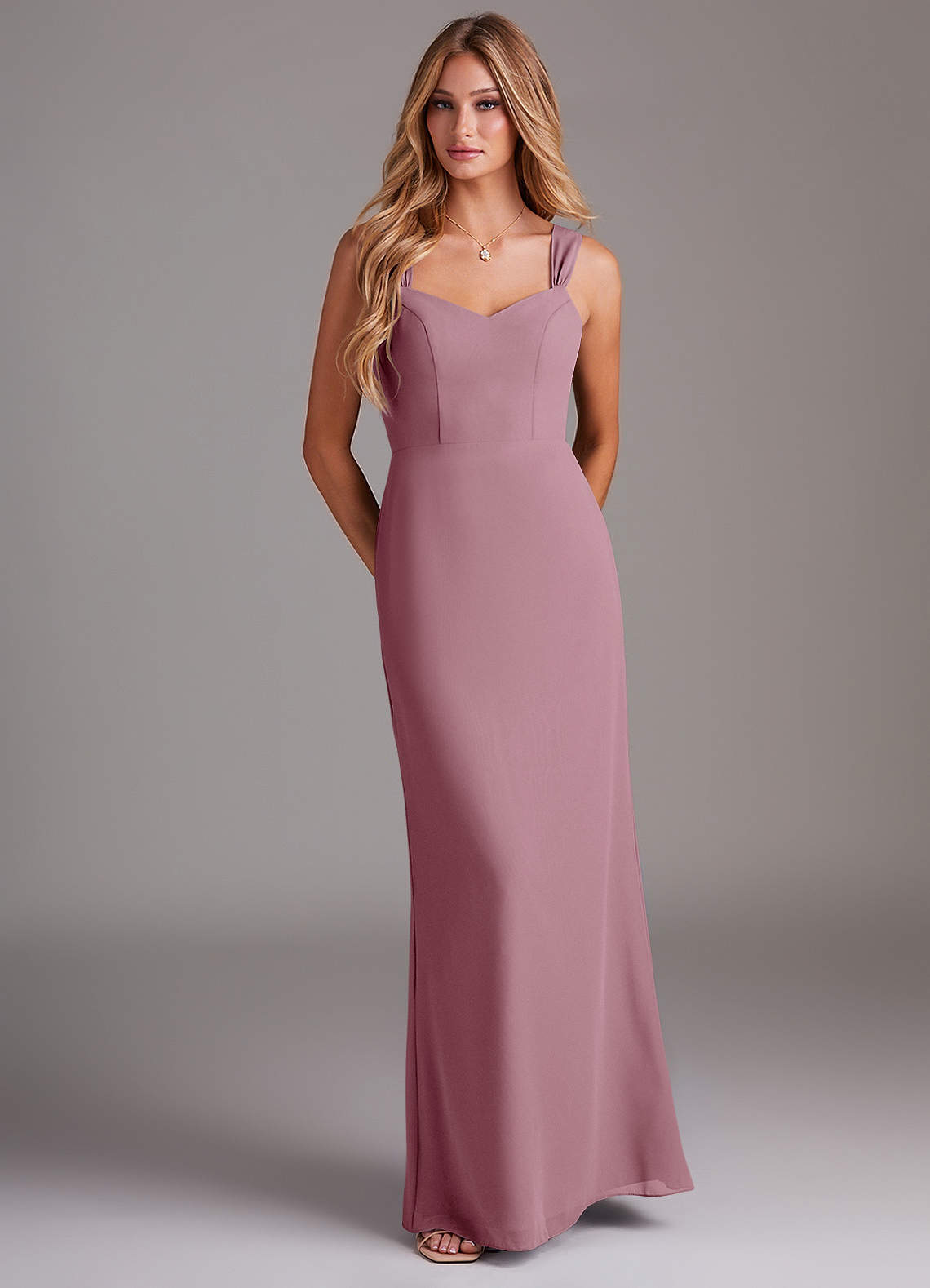 Azazie Denice Bridesmaid Dresses Vintage Mauve Sheath Pleated Chiffon Dress image1