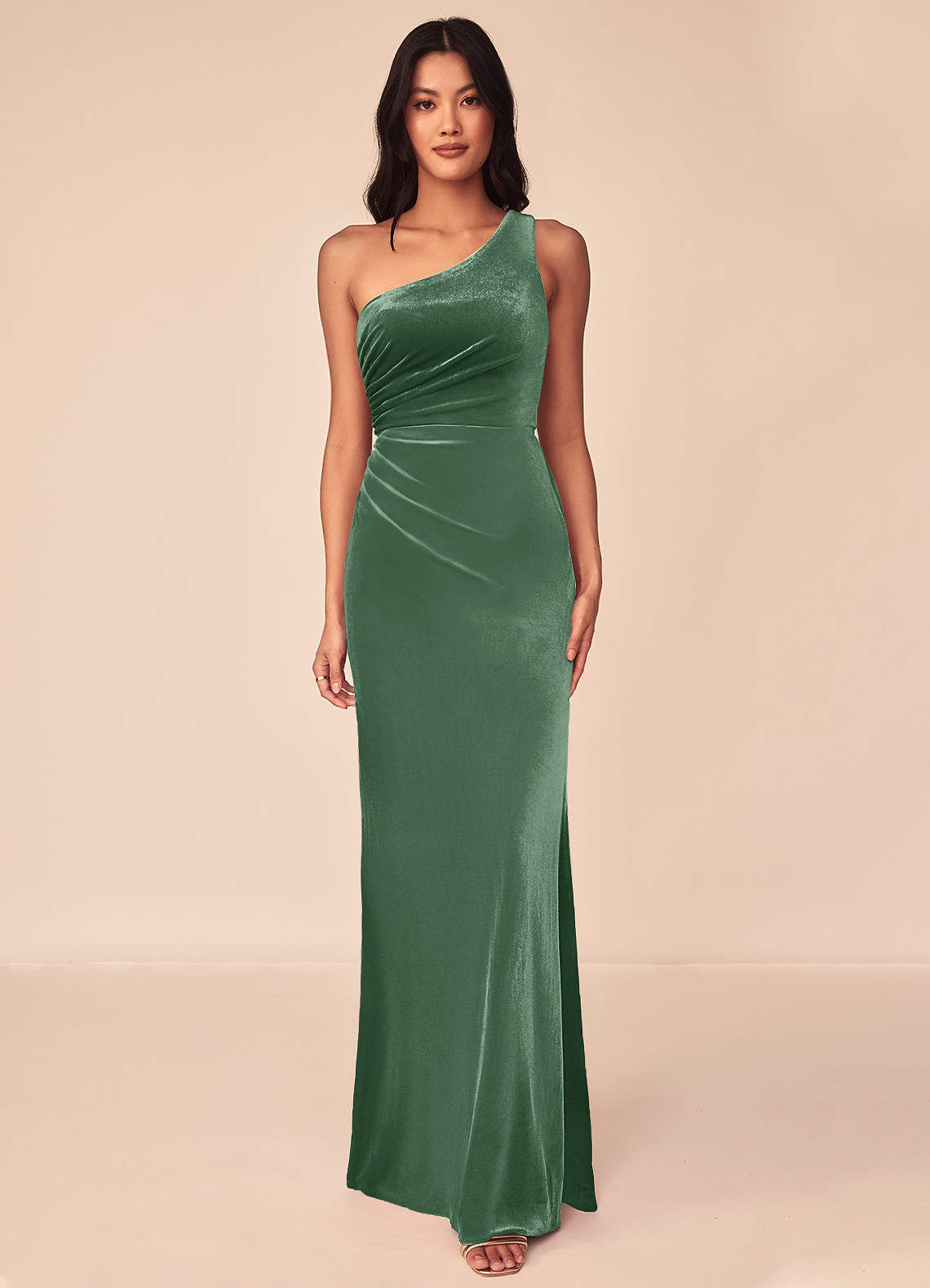 Azazie Argan Brautjungfernkleider A-Linie Eine Schulter Gefaltet Samt Kleid Eukalyptus image1