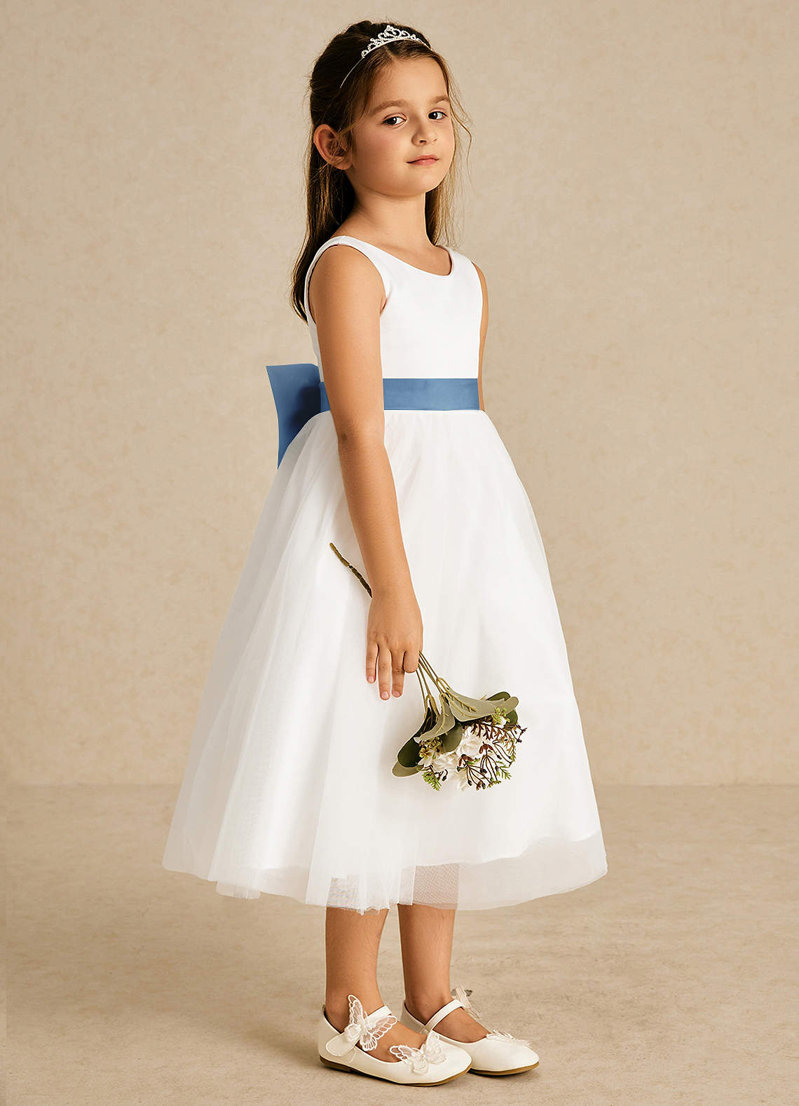 Azazie Kavi Flower Girl Dresses Ivory Steel Blue A-Line Bow Matte Satin Dress image3