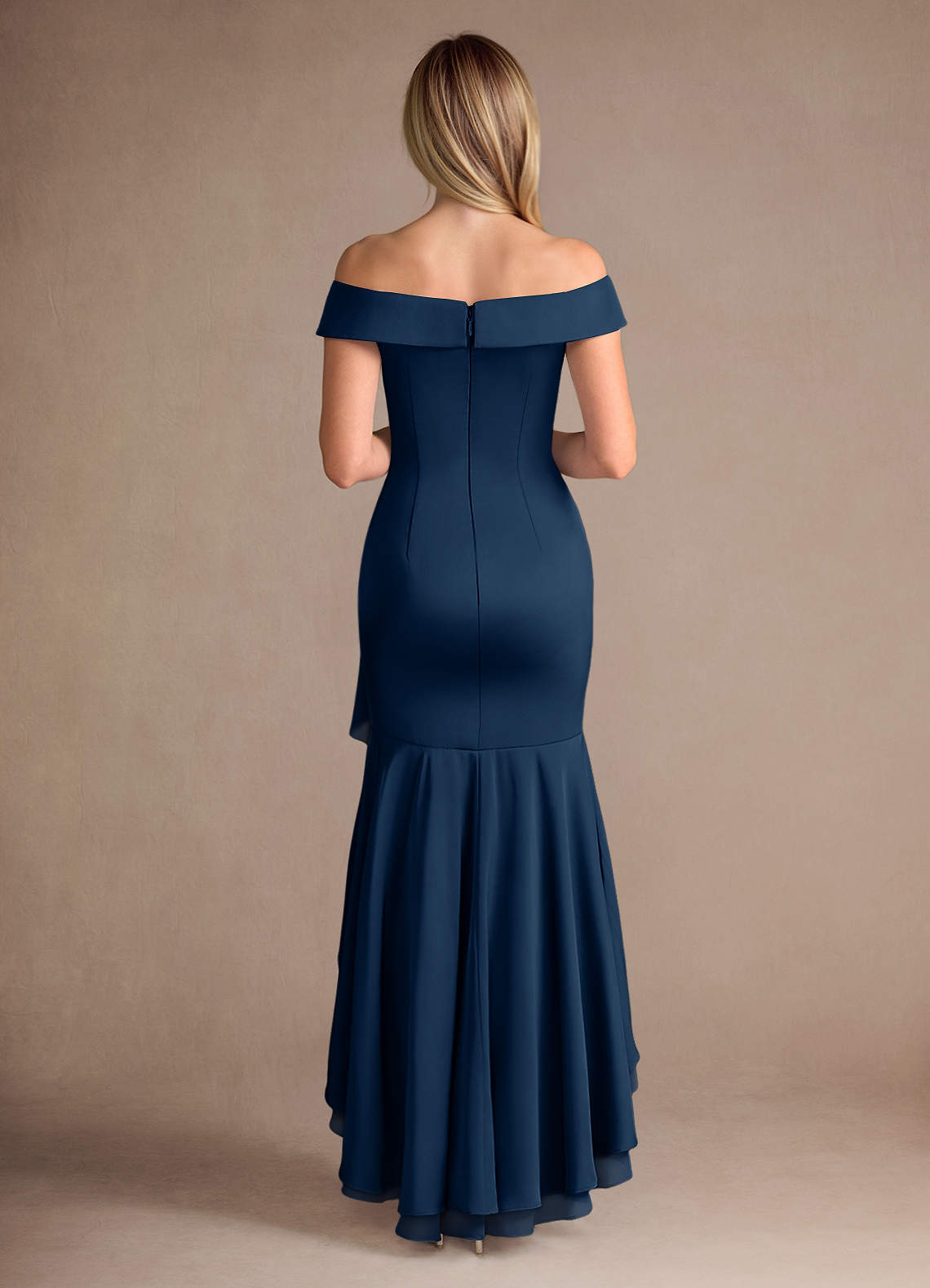 Azazie Billings Mother of the Bride Dresses Dark Navy Mermaid Off the Shoulder Stretch Satin Dress image3