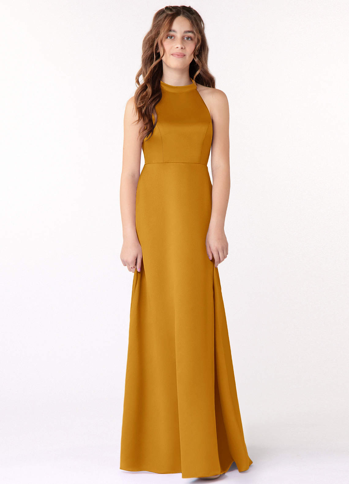 Azazie Laurel Junior Butterscotch A-Line Stretch Satin Dress image1