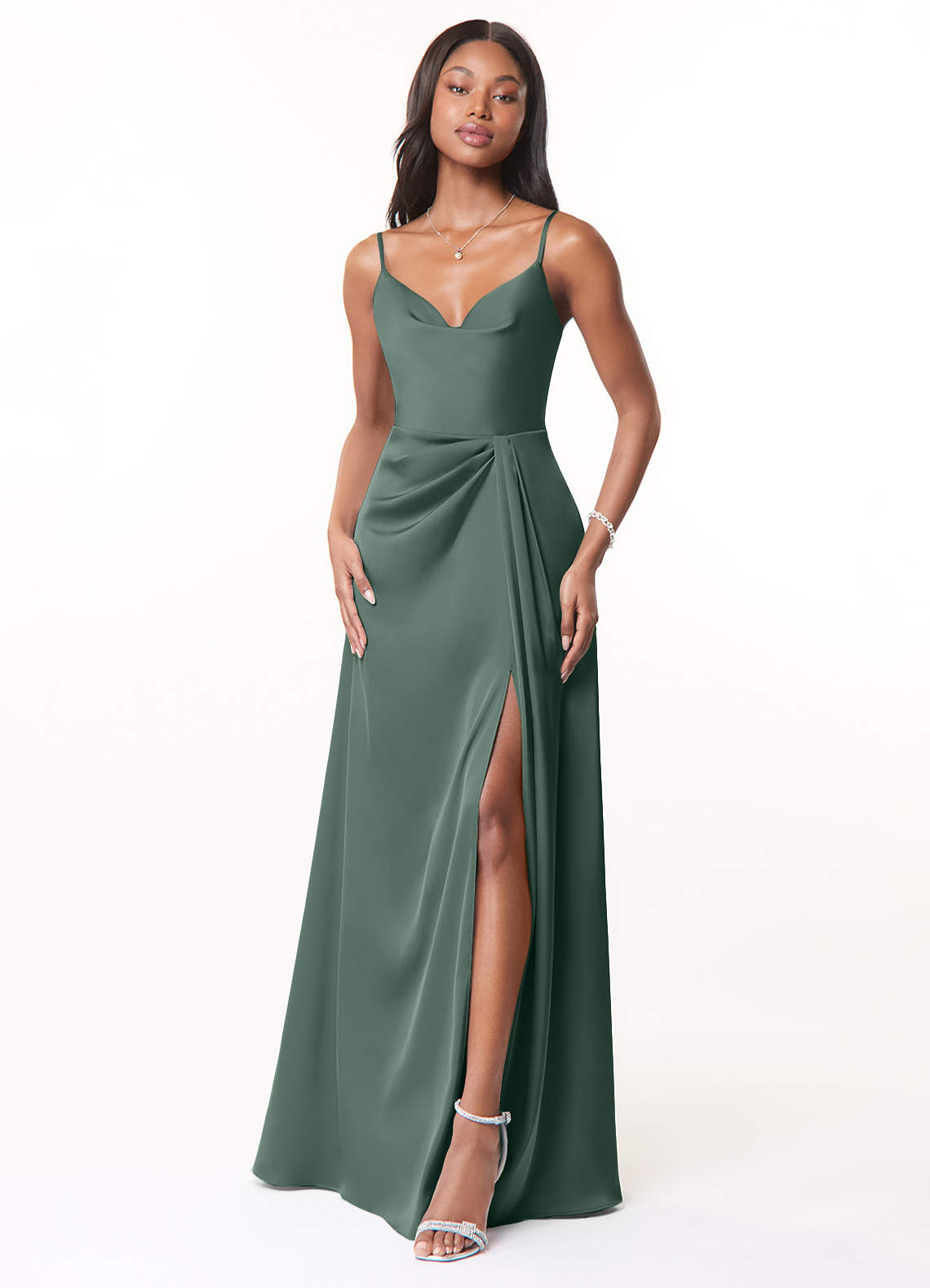 Azazie Brielle Vestidos de damas de honor Vestido de Musgo Marino de Satén Elástico de Corte en A con Tirantes finos con capucha image1