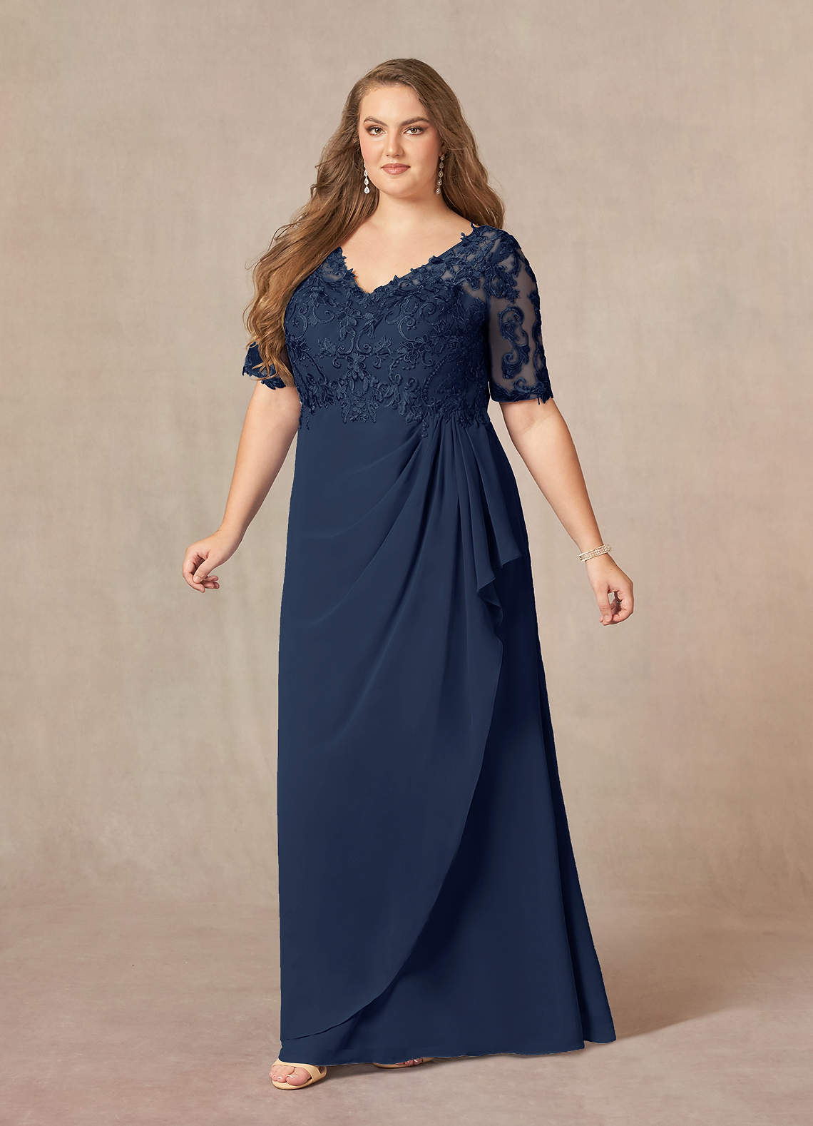 Azazie Amedeus Mother of the Bride Dresses Dark Navy A-Line V-Neck Lace Chiffon Dress image2