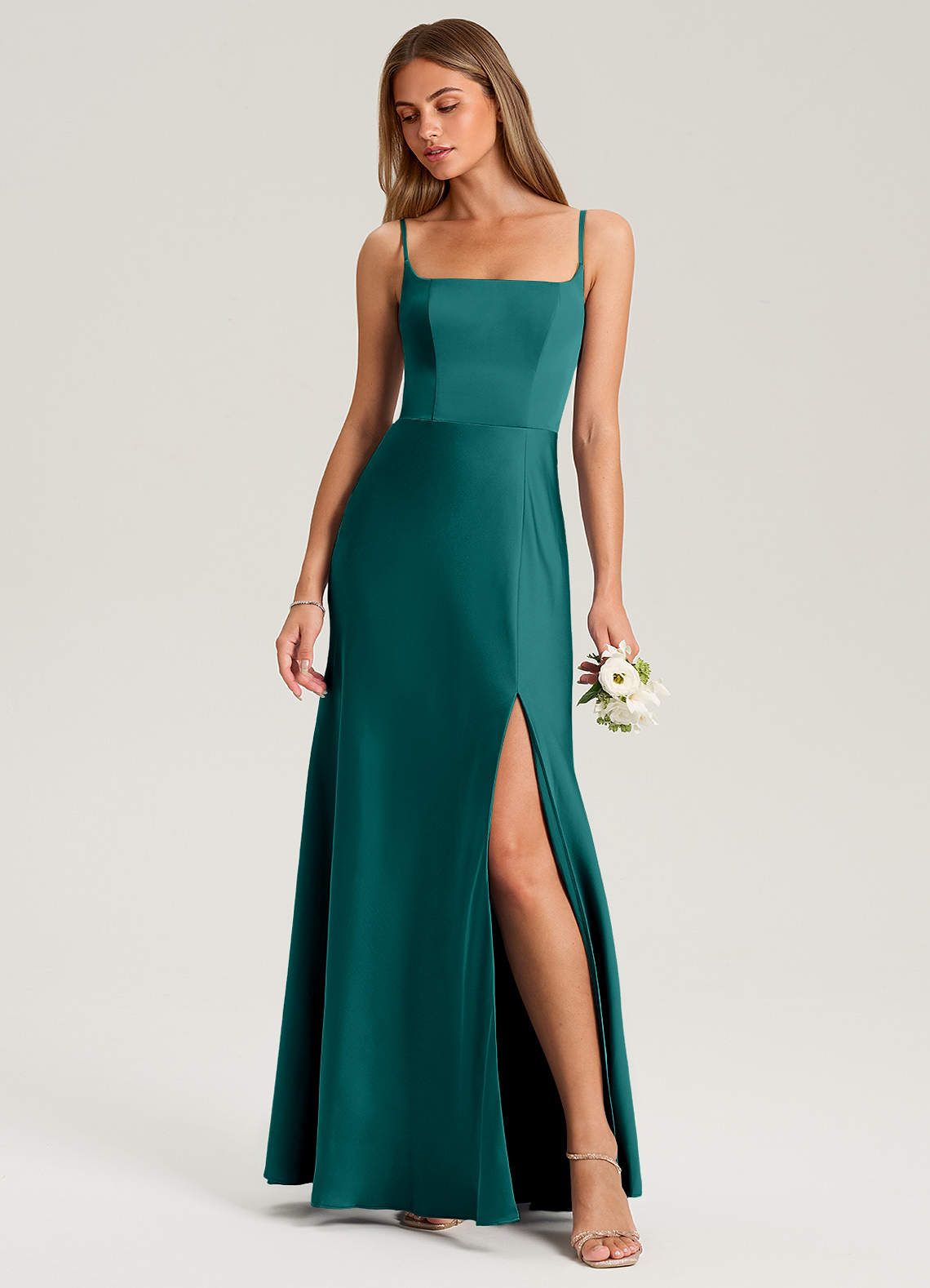 Azazie Lidia Bridesmaid Dresses Peacock Mermaid Side Slit Stretch Satin Dress image1