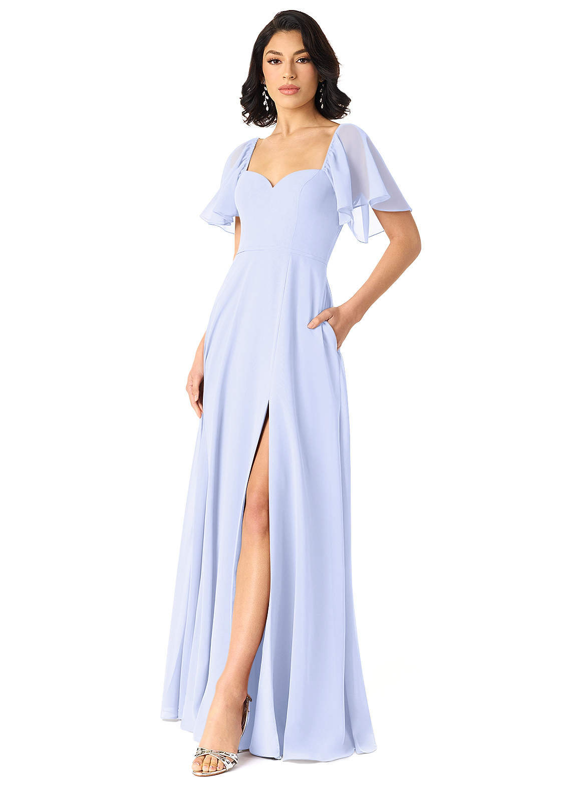 lavender bridesmaid dresses with sleeves Standard / XS Lavender V-Neck Floral Satin Bridesmaid Dress with Flutter Sleeves