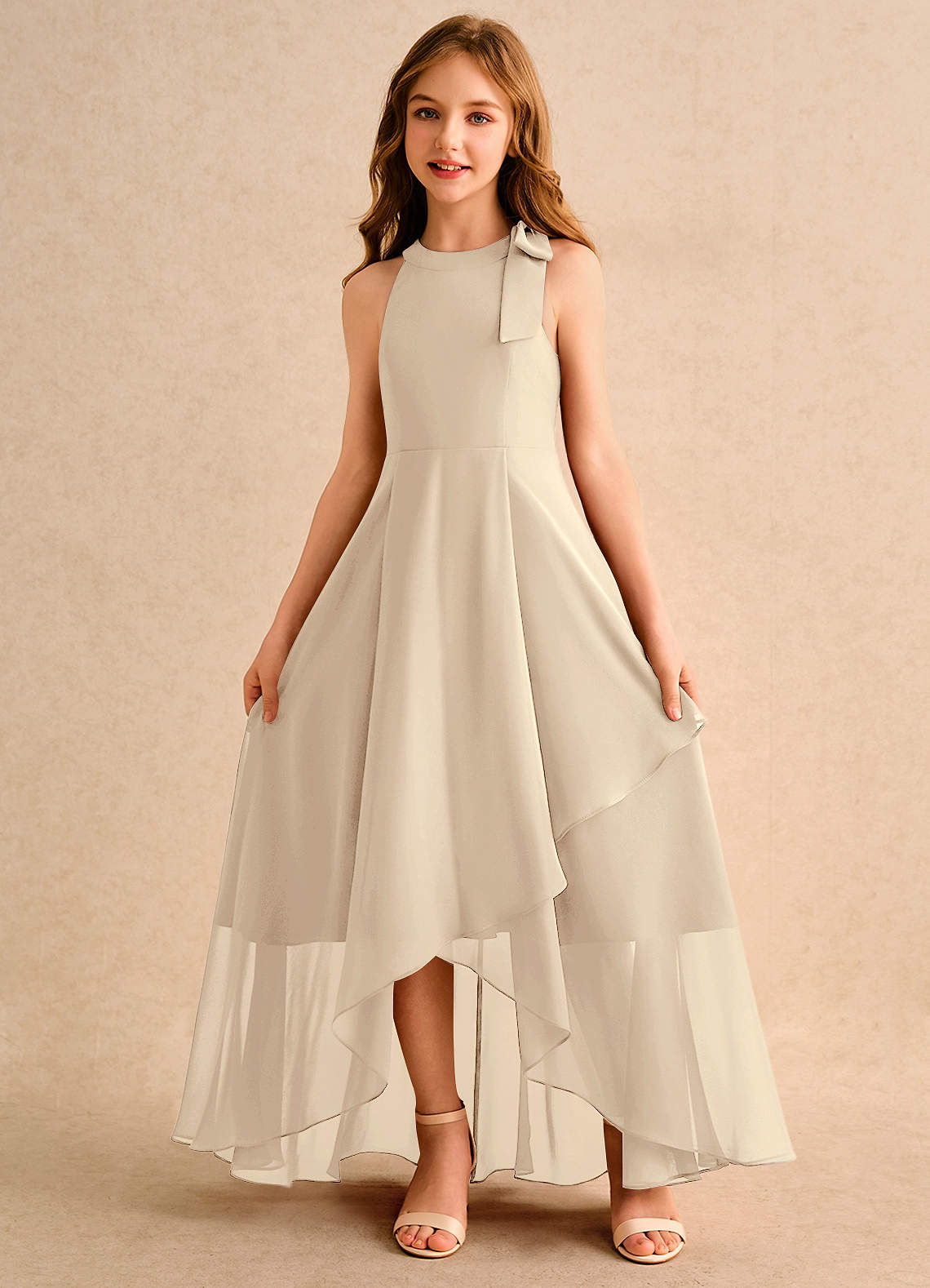 Azazie Boop Girls Formal Flower Girl Dresses Champagne A-Line Bow Chiffon Dress image4