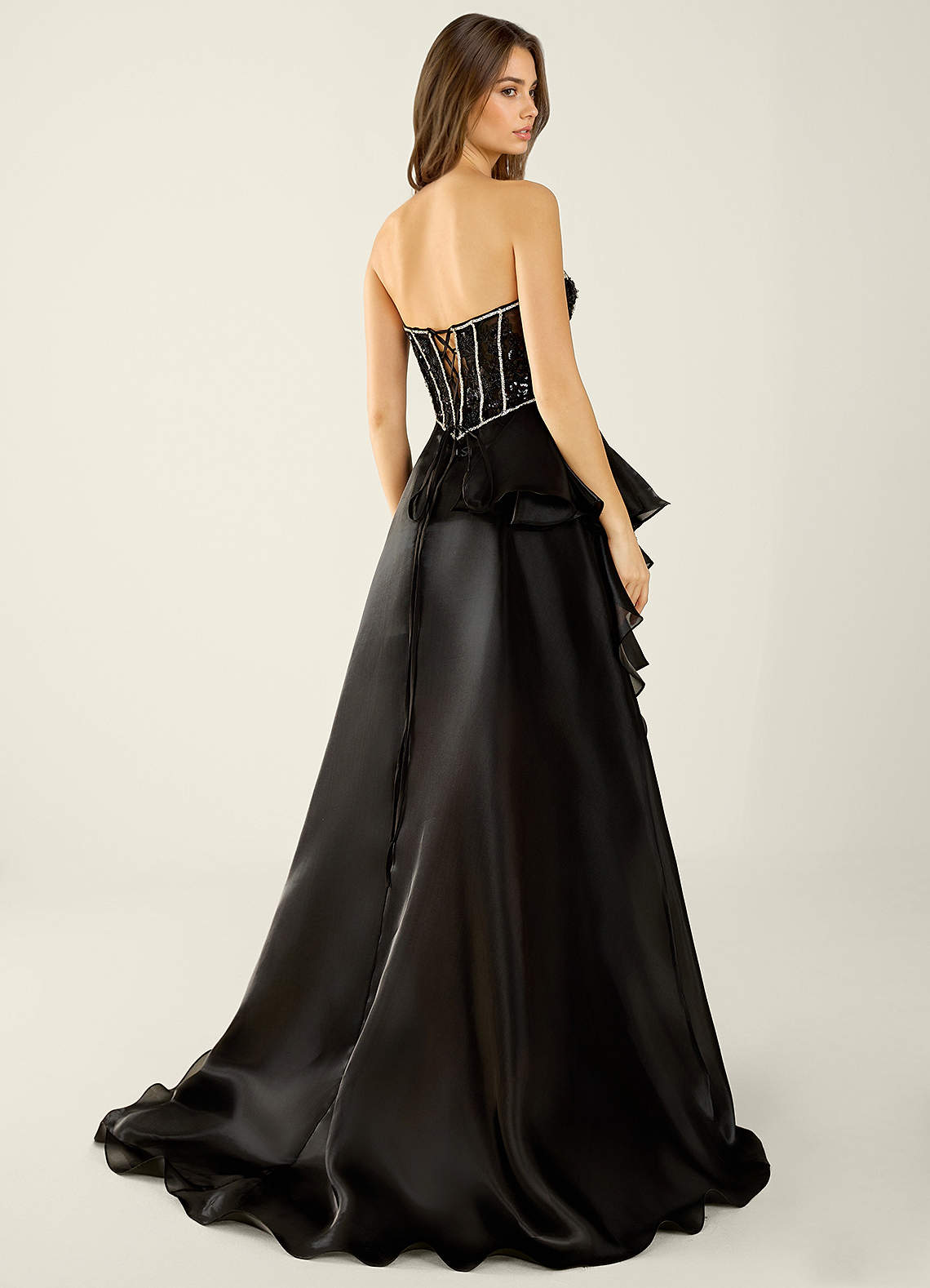 black organza prom dress Dazzling Black Off-The-Shoulder A-Line Organza Prom Dress High Split Beads With Lace-Up Back