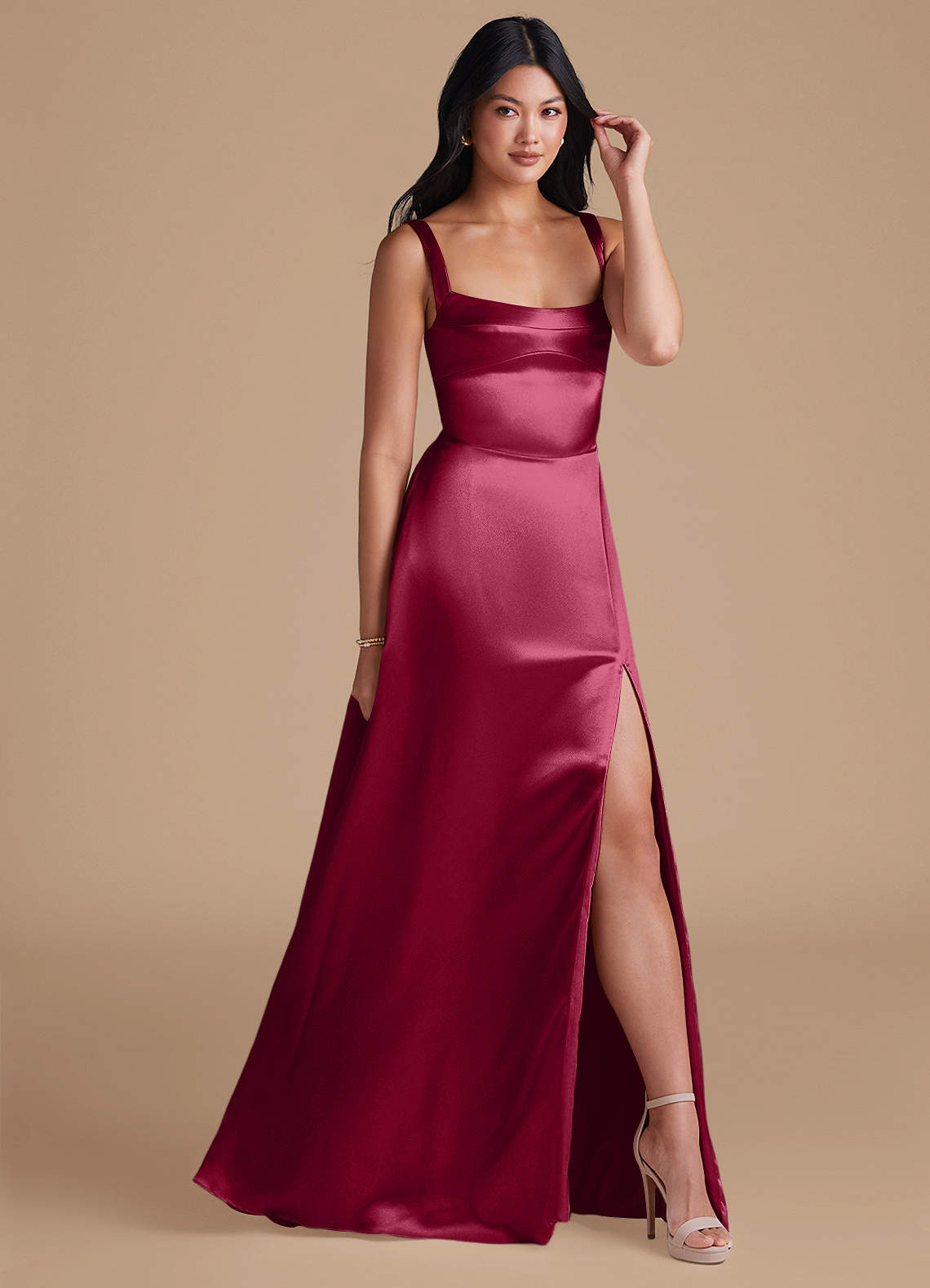 Azazie Hope Bridesmaid Dresses Burgundy A-Line with Pockets Metallic Satin Dress image1
