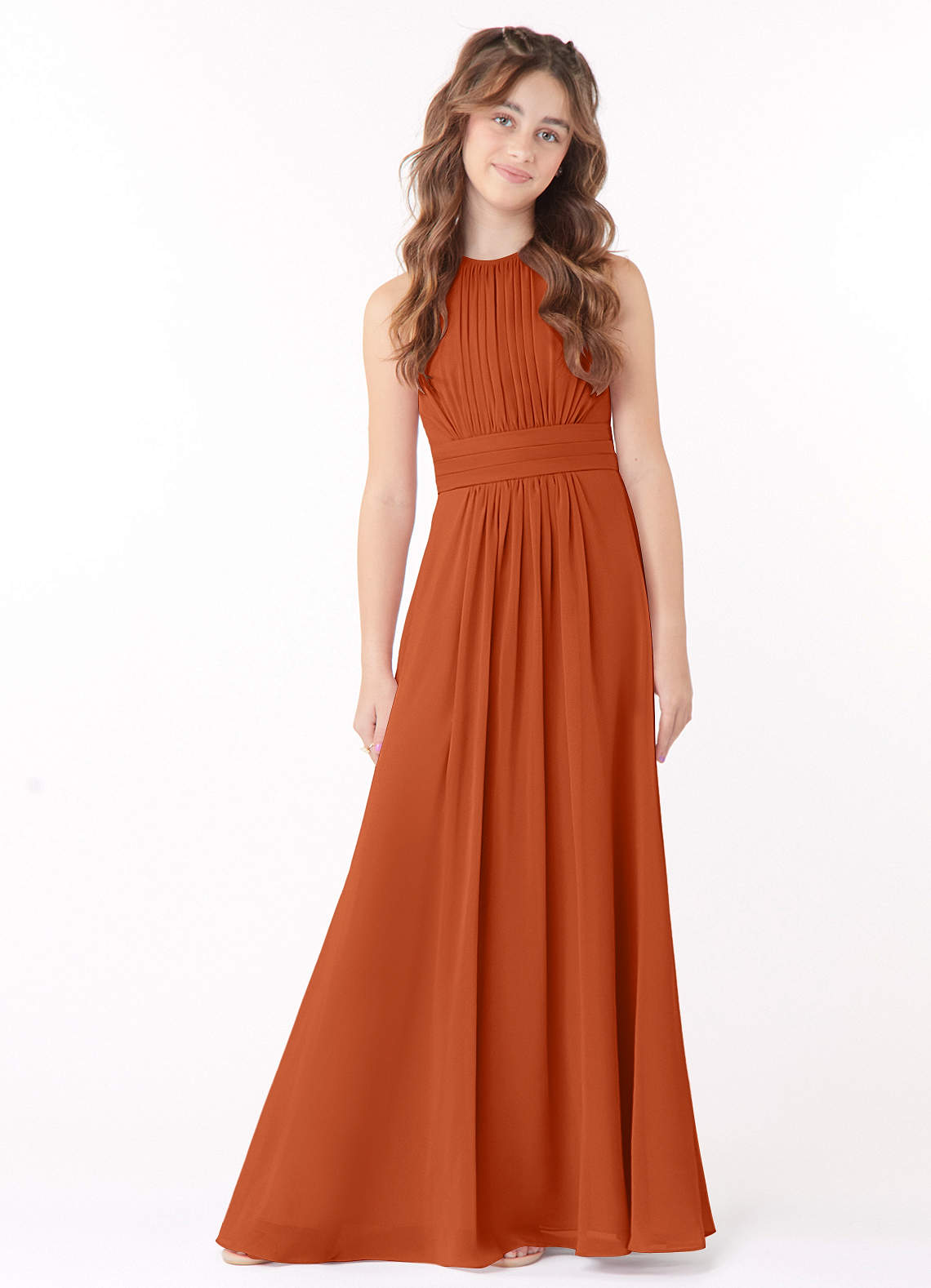 Azazie Bonnie Junior Burnt Orange A-Line Pleated Chiffon Dress image1