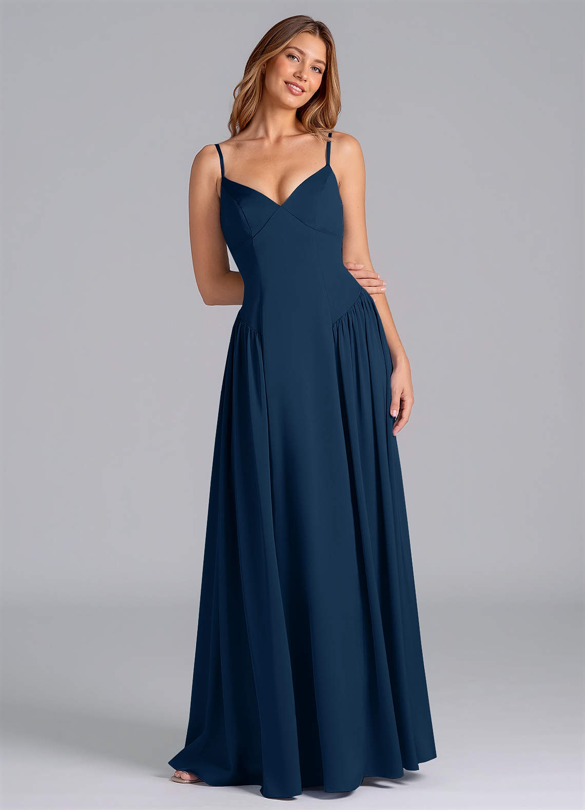 Azazie Kirby Brautjungfernkleider A-Linie Stretch-Satin Kleid Dunkelmarine image1