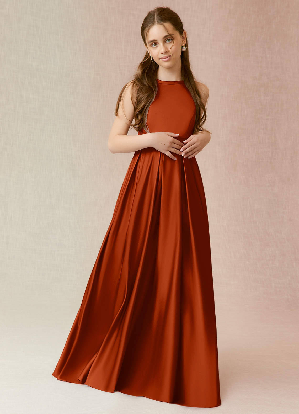 Azazie Arianthe Junior Paprika A-Line with Pockets Stretch Satin Dress image1