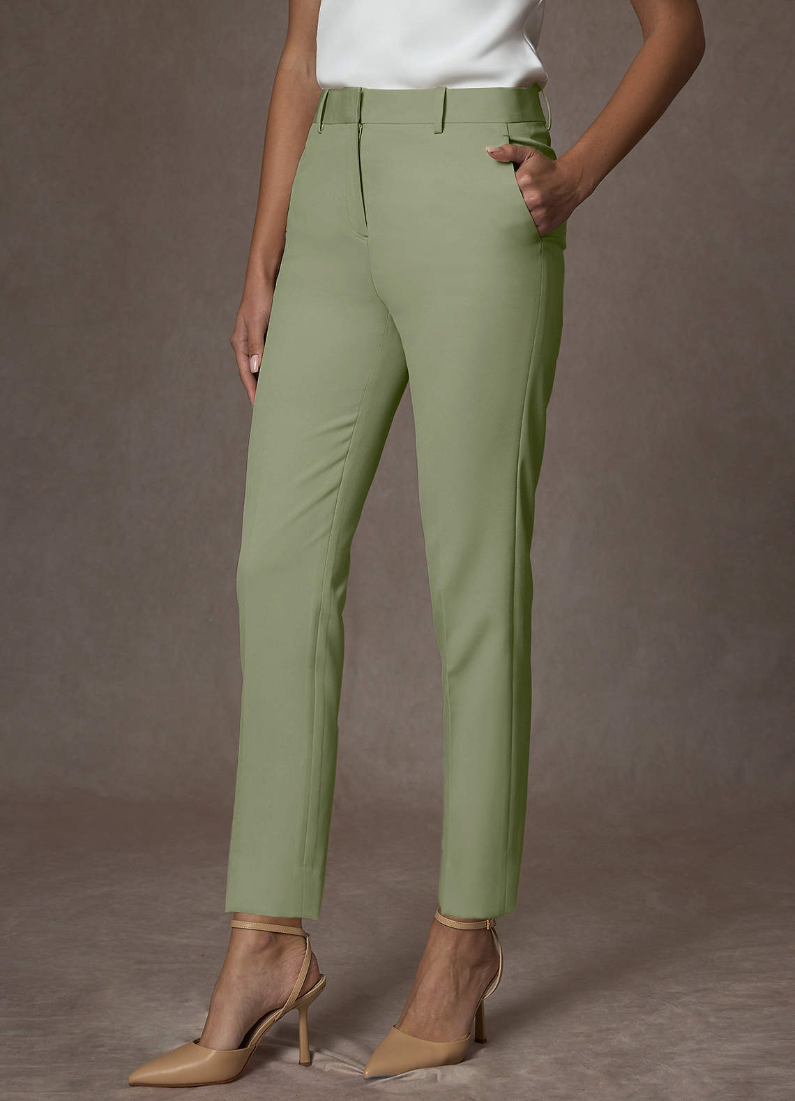 front Whitney Pistachio Structured Stretch Full Length Dress Pants