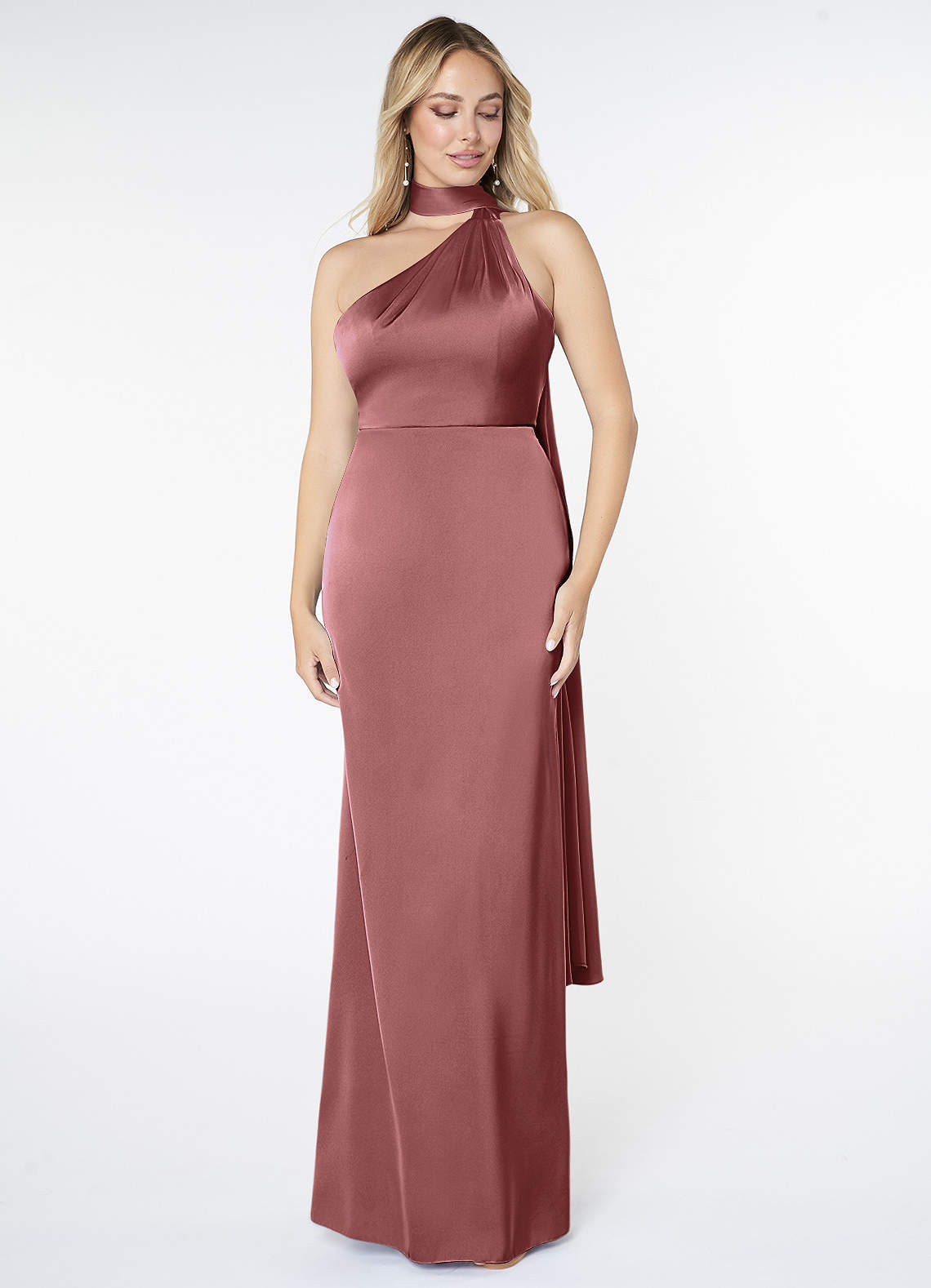 Azazie Kaylani Brautjungfernkleider Meerjungfrau-Linie Hoher Kragen Stretch-Satin Kleid Amethyst image1