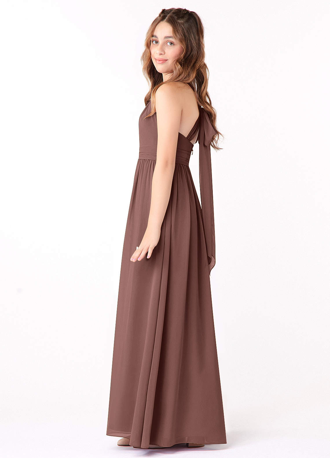 Azazie Jaylah Junior Espresso A-Line Ruched Chiffon Dress image1