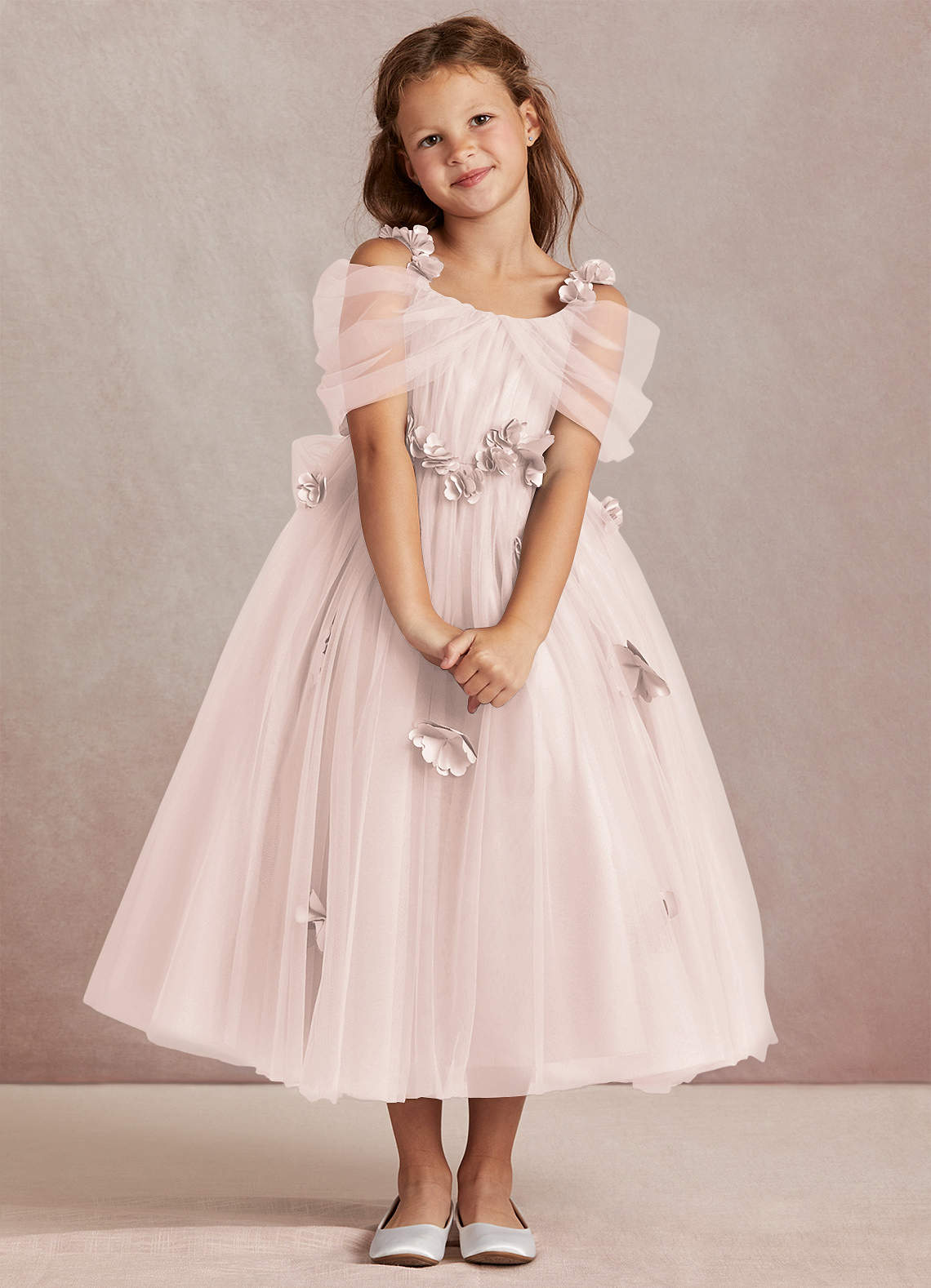 Azazie Shaylee Robe Demoiselle D'honneur Fillette Robe Trapèze en Tulle Épaule décolletée Rose Pétale image1