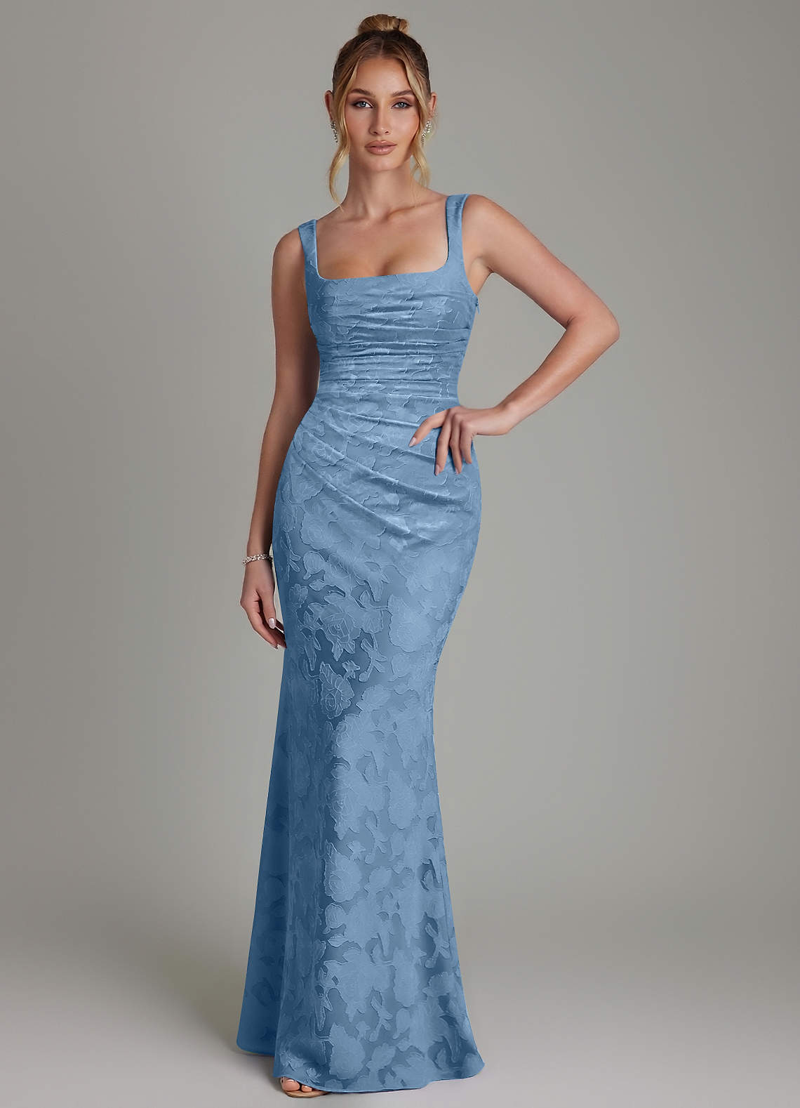 Azazie Agustina Bridesmaid Dresses Steel Blue Mermaid Corset Floral Burnout Dress image2