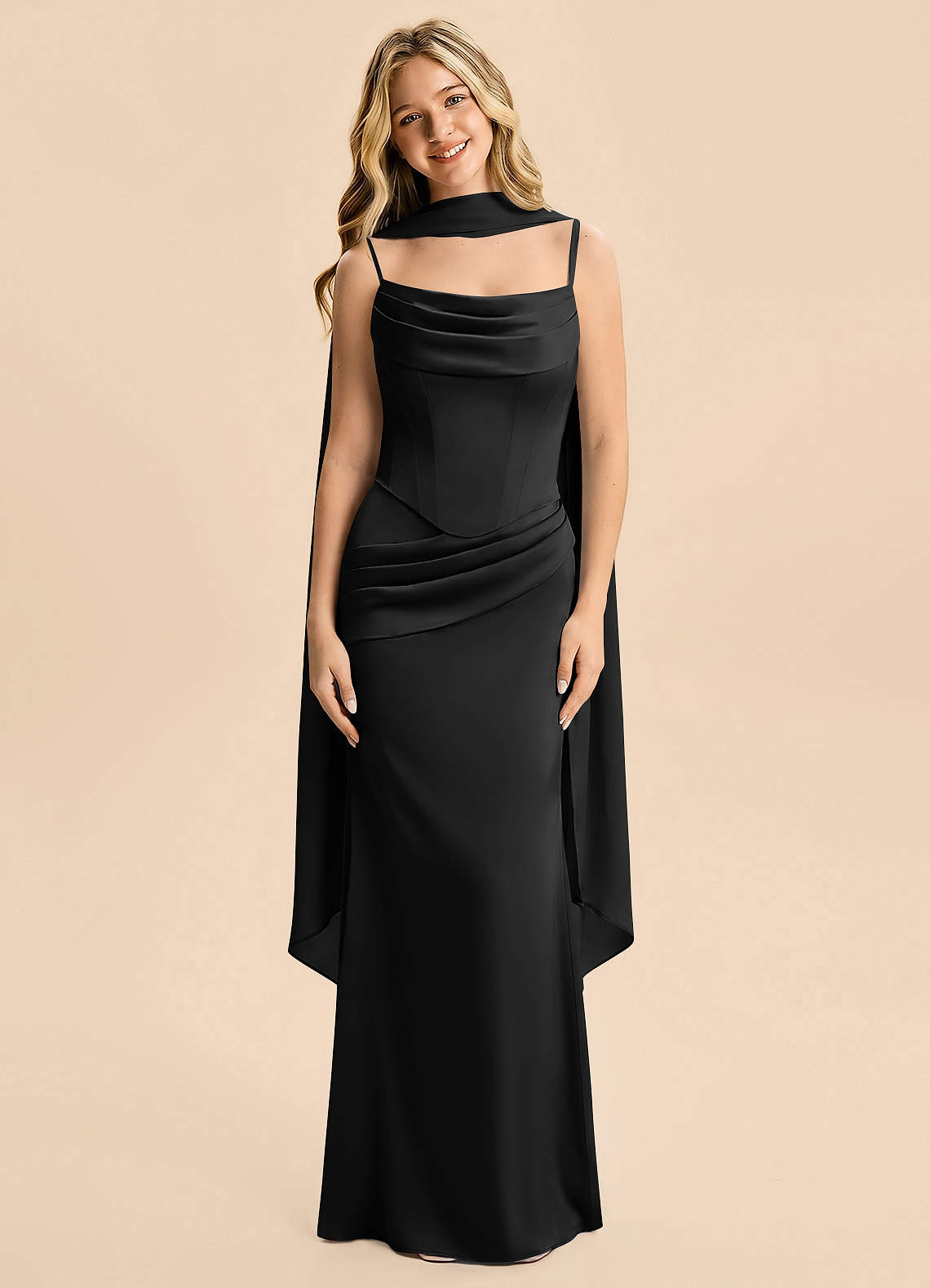 Azazie Sorrel Junior Black Mermaid Ruched Stretch Satin Dress image2