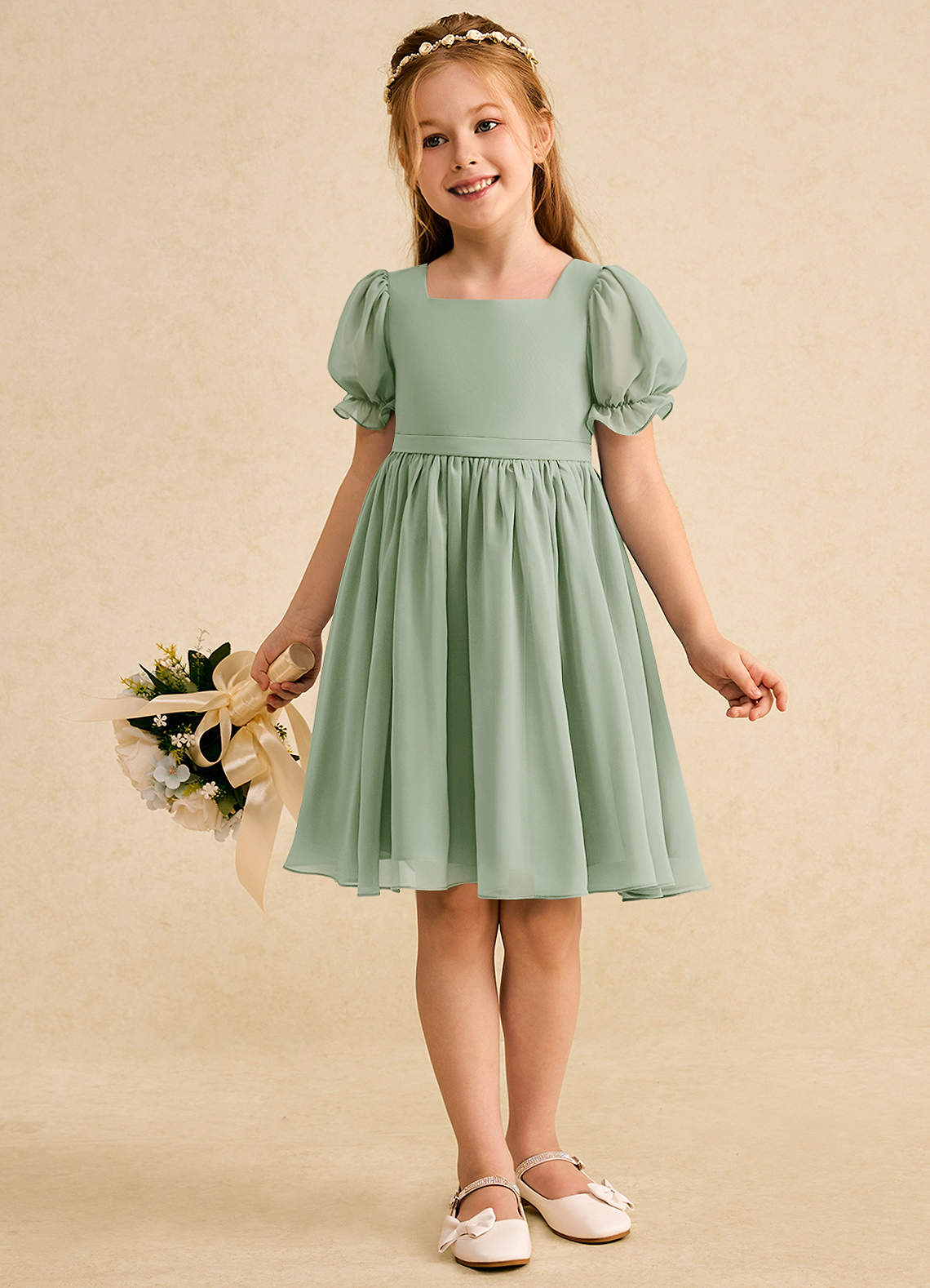 Azazie Jolie Flower Girl Dresses Dusty Sage A-Line with Sleeves Chiffon Dress image3