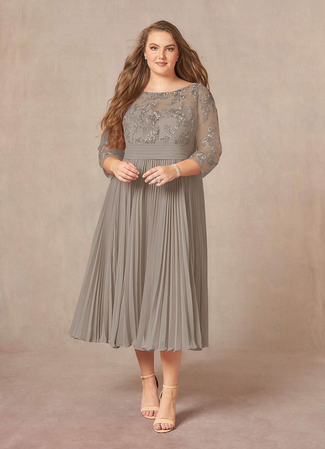 Azazie Tutu Mother of the Bride Dresses Taupe A-Line Boatneck Lace Chiffon Dress image6