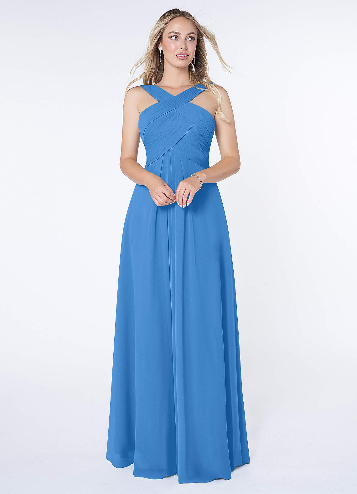 Azazie Kaleigh Robes de demoiselle d'honneur Robe Trapèze en Mousseline de soie Plissée Geai Bleu image1