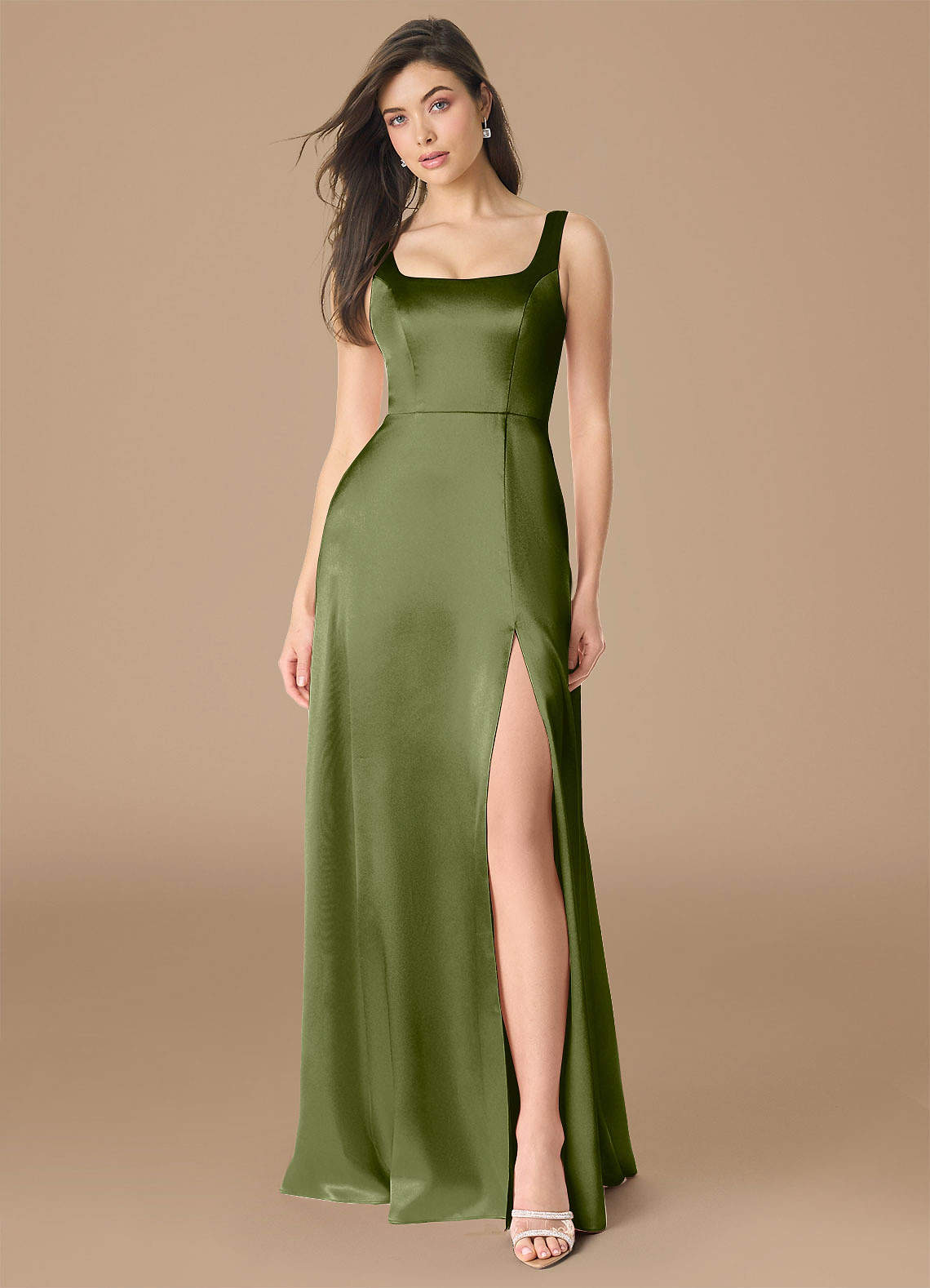 Azazie Joyce Bridesmaid Dresses Olive A-Line Side Slit Metallic Satin Dress image1