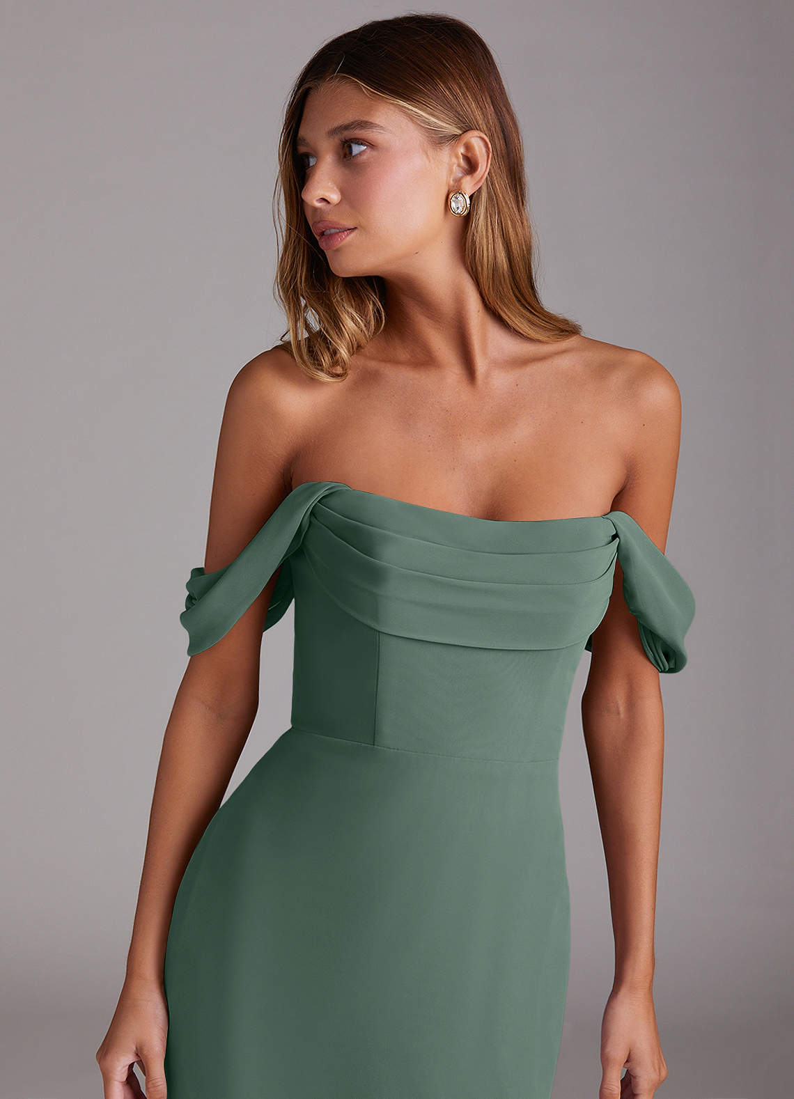 Azazie Saige Bridesmaid Dresses Eucalyptus A-Line Off the Shoulder Chiffon Convertible Dress image4