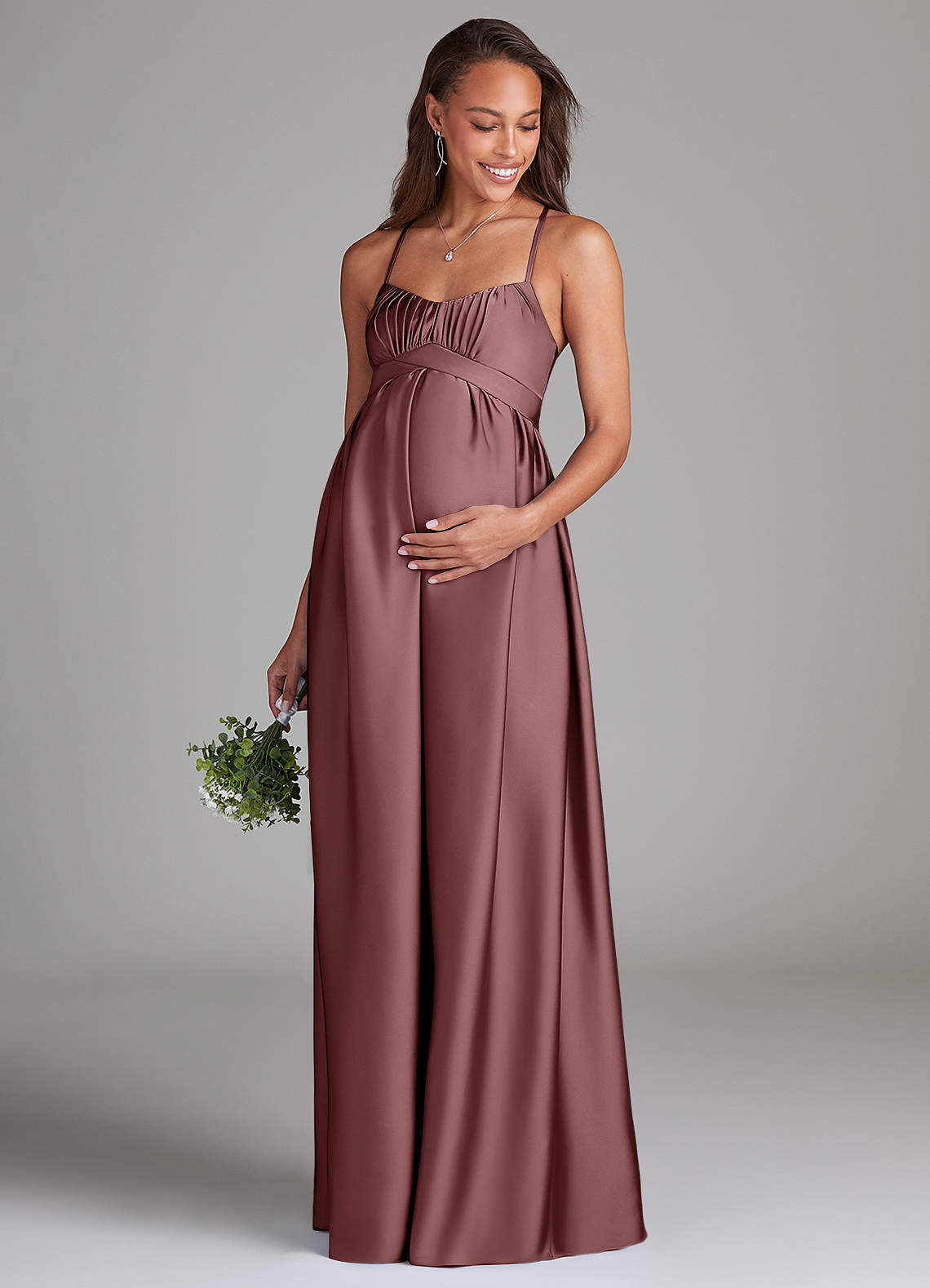 Azazie Llana Maternity Bridesmaid Dresses A-Line Stretch Satin Floor-Length Dress with Pockets image1