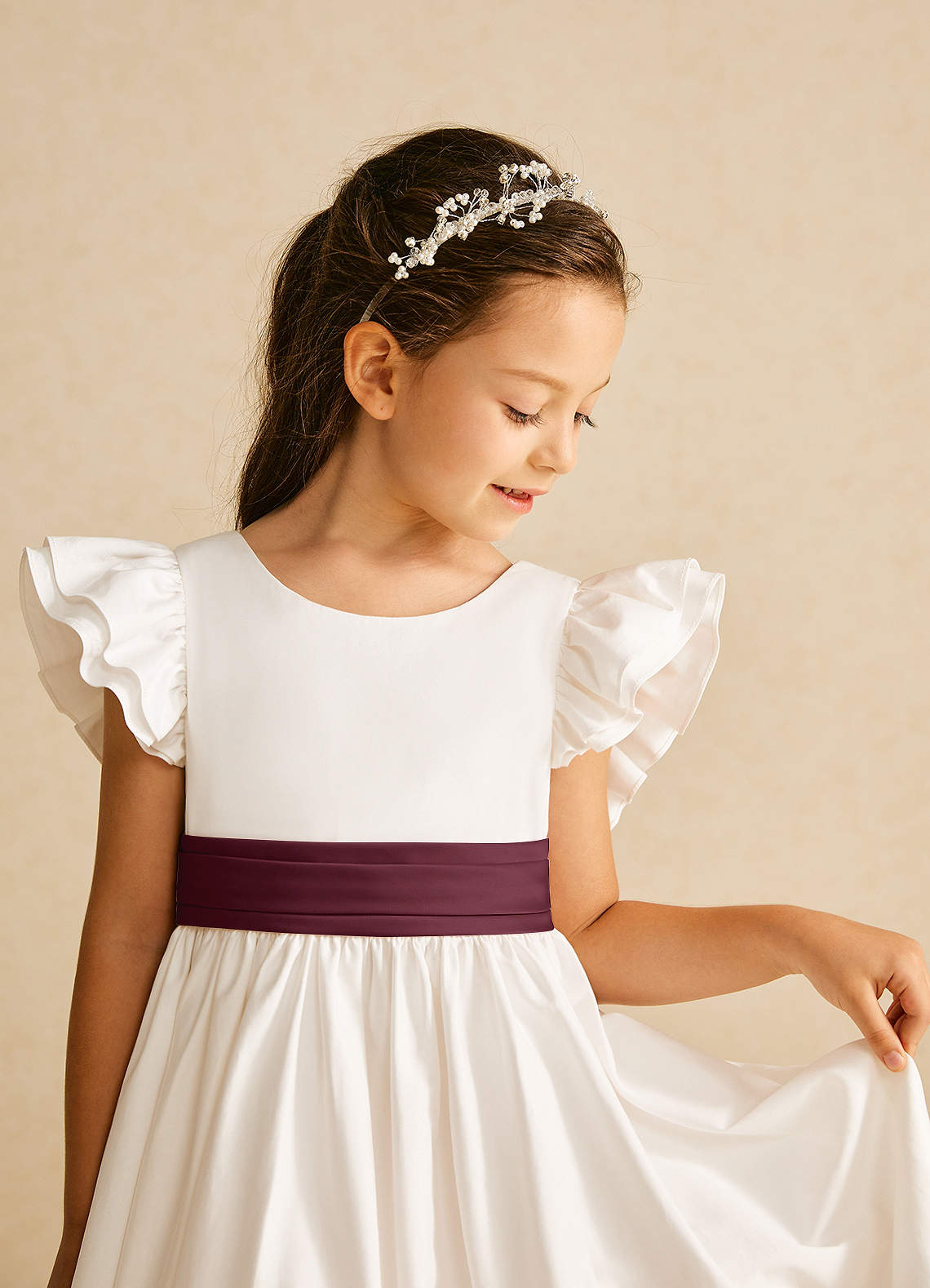 Azazie Aero Flower Girl Dresses Ivory Cabernet A-Line Pleated Cotton Dress image2