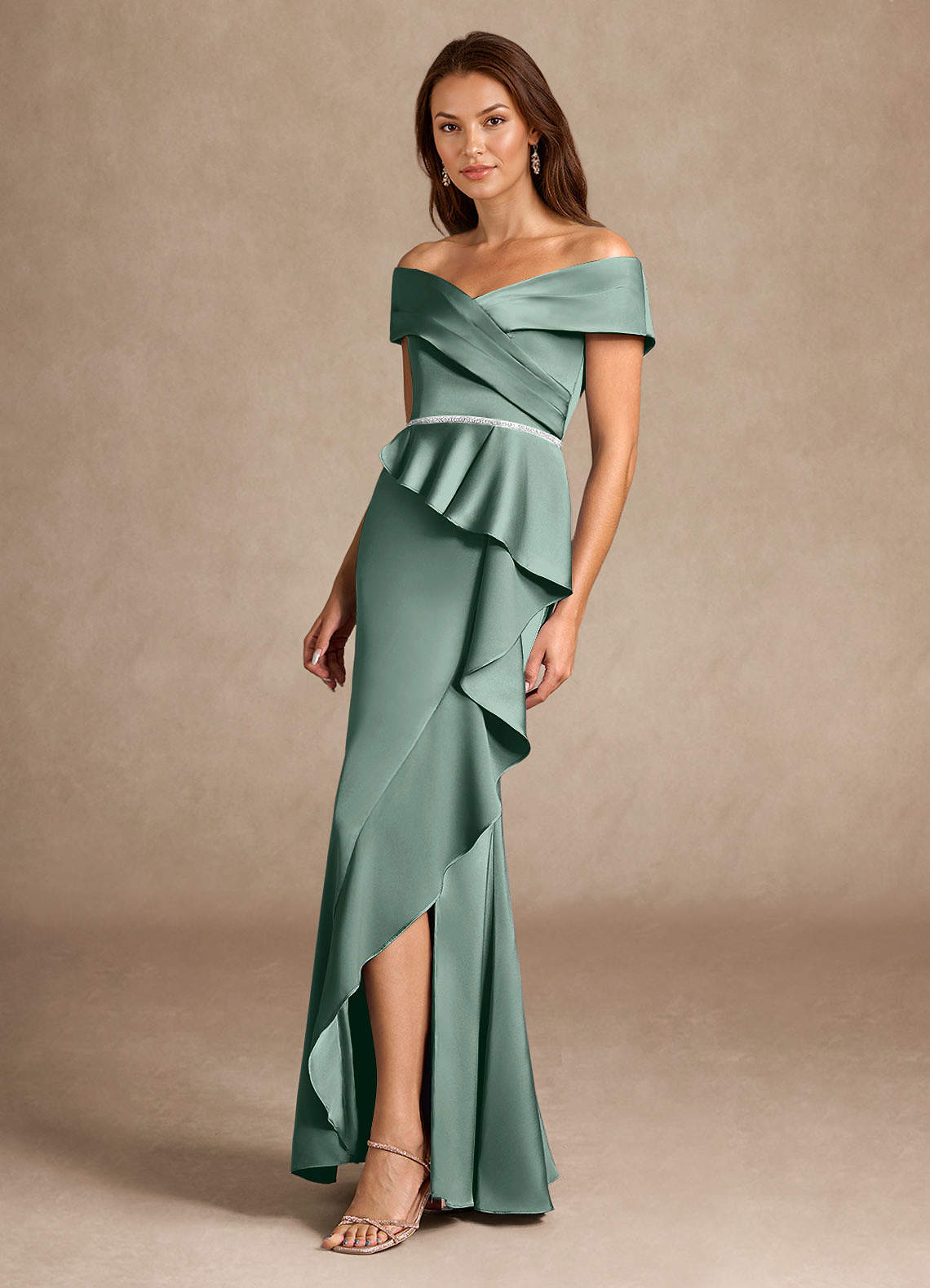 Azazie Dareia Mother of the Bride Dresses Eucalyptus Mermaid Off the Shoulder Stretch Satin Dress image6